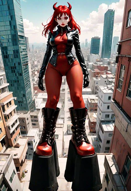 A hero view of tall female red demon dominatrix wearing extreme platform boots towering over a tiny city, view from below, she is looking down on you, done in an anime style.