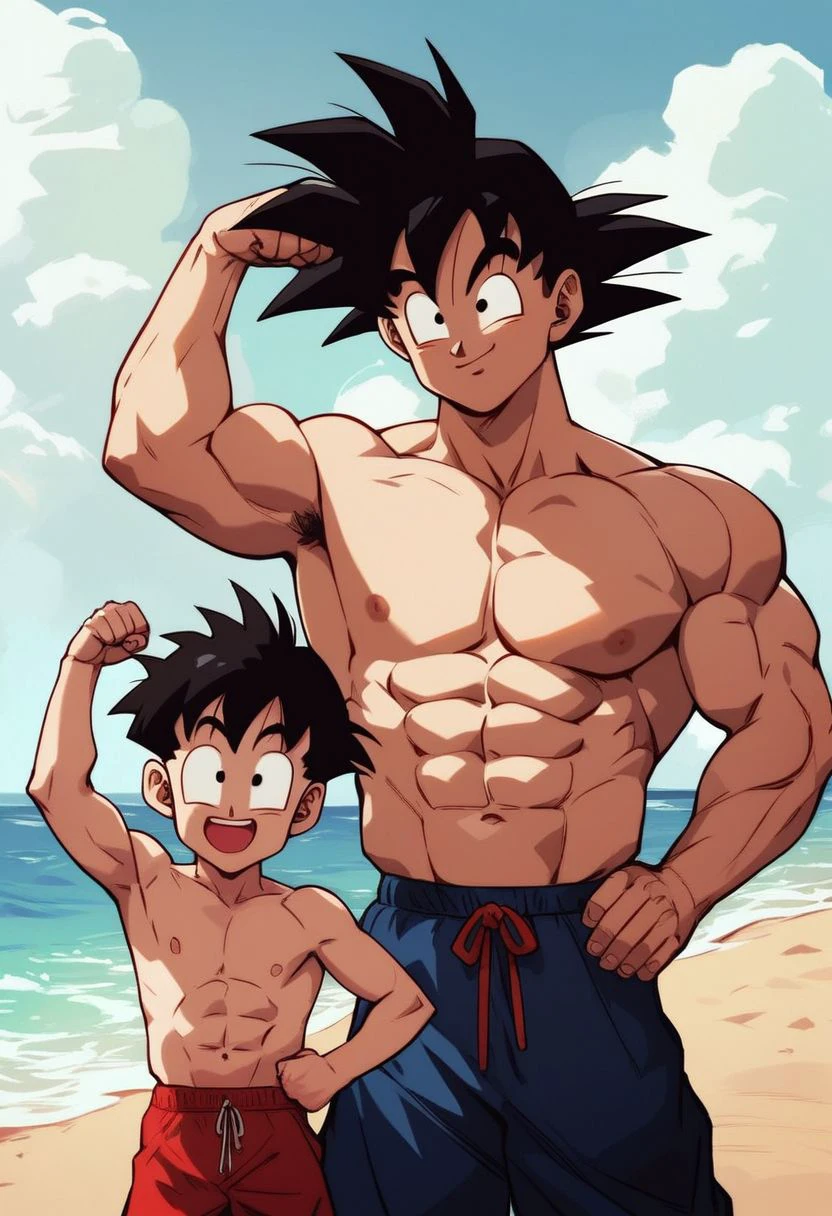 ASCII score_9, score_8_up, score_7_up ,score_6_up, draw 2boys at the beach, Goku, perfect face:02, big smile, black hair, spiky hair, open shirt, pectorals, playing with Gohan, perfect face:02, big smile, black hair, happy, black eyes, detailed, in focus face, masterpiece, father and son, age difference, size difference, swim trunks, barefoot, pectorals, nipples, flexing, perfect eyes, goofing around