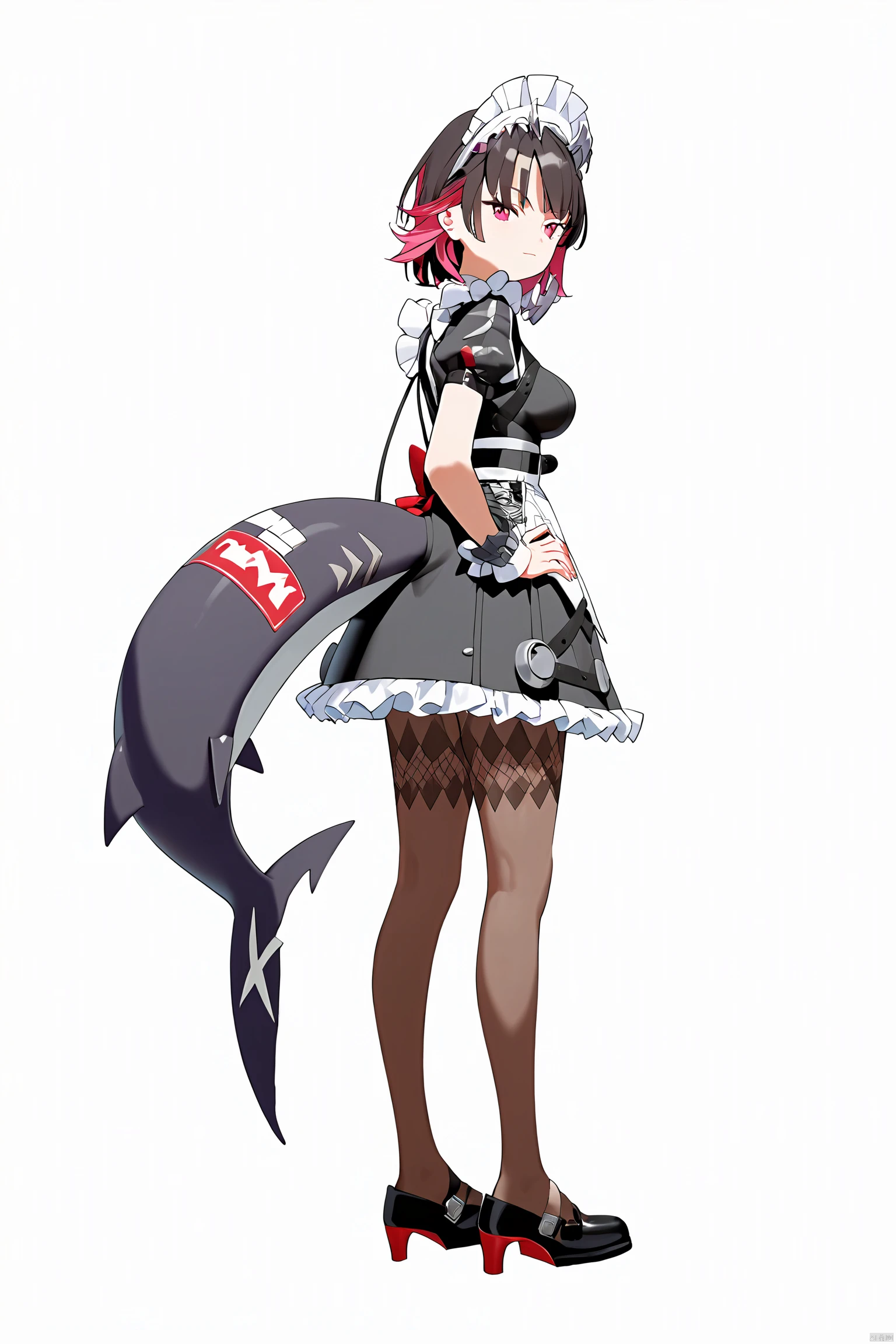 score_9,score_8_up,score_7_up,best quality,masterpiece,source_anime,8k,best quality,masterpiece,(ultra-detailed),(high detailed skin),symmetrical,(full body),white background,standing,looking back,(solo),hand on hip,
Ellen Joe, maid, shark tail, (shark girl:0.5), 1girl, red eyes, tail, pantyhose, multicolored hair, black footwear, short sleeves, apron, wrist cuffs, maidheaddress,
,(white background, simple background),(beautiful_face),((intricate_detail)),clear face,((finely_detailed)),fine_fabric_emphasis,full_shot, hquan,purple eyes, yyy<lora:EMS-329131-EMS:0.800000>