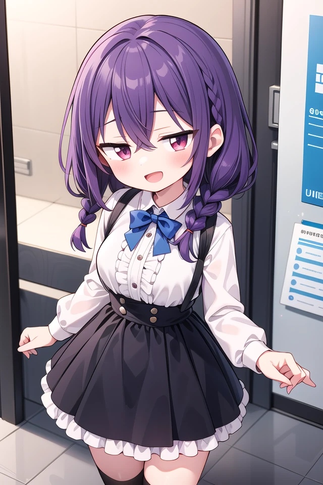 insanely detailed, absurdres, ultra-highres, ultra-detailed, best quality,
1girl, solo, nice hands, perfect hands
BREAK
braid, shirt, holding, mary janes, socks, black skirt, long hair, white shirt, suspender skirt, white socks, long sleeves, ribbon, suspenders, standing, ruffles, black ribbon, bow , black bow tie, long skirt, black bow, neck ribbon, bowtie, bag
BREAK
(nsfw:-1.5)
BREAK
happy smile, laugh, open mouth
BREAK
standing, cowboy shot, looking at viewer
BREAK
slender, kawaii, perfect symmetrical face, ultra cute girl, ultra cute face, ultra detailed eyes, ultra detailed hair, ultra cute, ultra beautiful
BREAK
in school ground, depth of field, ultra detailed background
BREAK
large breasts
BREAK
(purple hair:1.3), red eyes, milkmaid braids, hair between eyes
