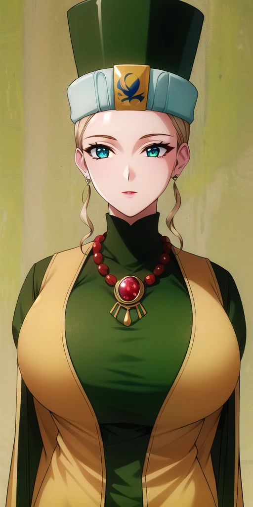 <lora:Rune_VenusV6:0.7> Rune_Venus, huge_breasts, standing, solo,  Yellow_turtleneck_robe_Green_sleeveless_coat_Green_hat_Neck_jewel_Bead_necklace_pendant_Wide_sleeves, masterpiece, best_quality, detailed_face, detailed_eyes, highres, beautiful, detailed, absurdres,