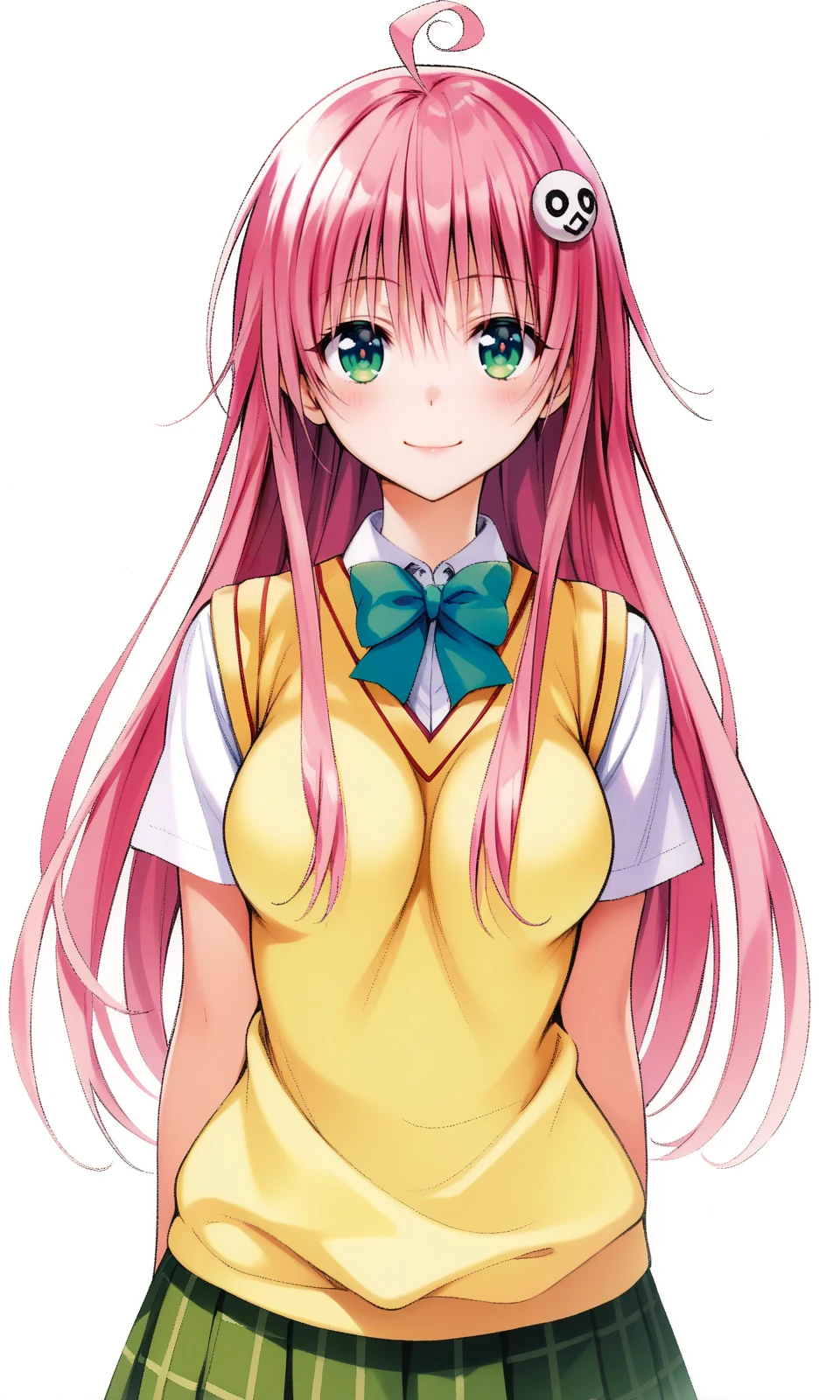 lala satalin deviluke, green eyes, pink hair, long hair, ahoge, (medium breasts:1.2), school uniform, skirt, sweater vest, looking at viewer, light smile, upper body, 
masterpiece, best quality, very aesthetic, absurdres, straight-on, 
<lora:YabukiKentarou_XL:0.9>