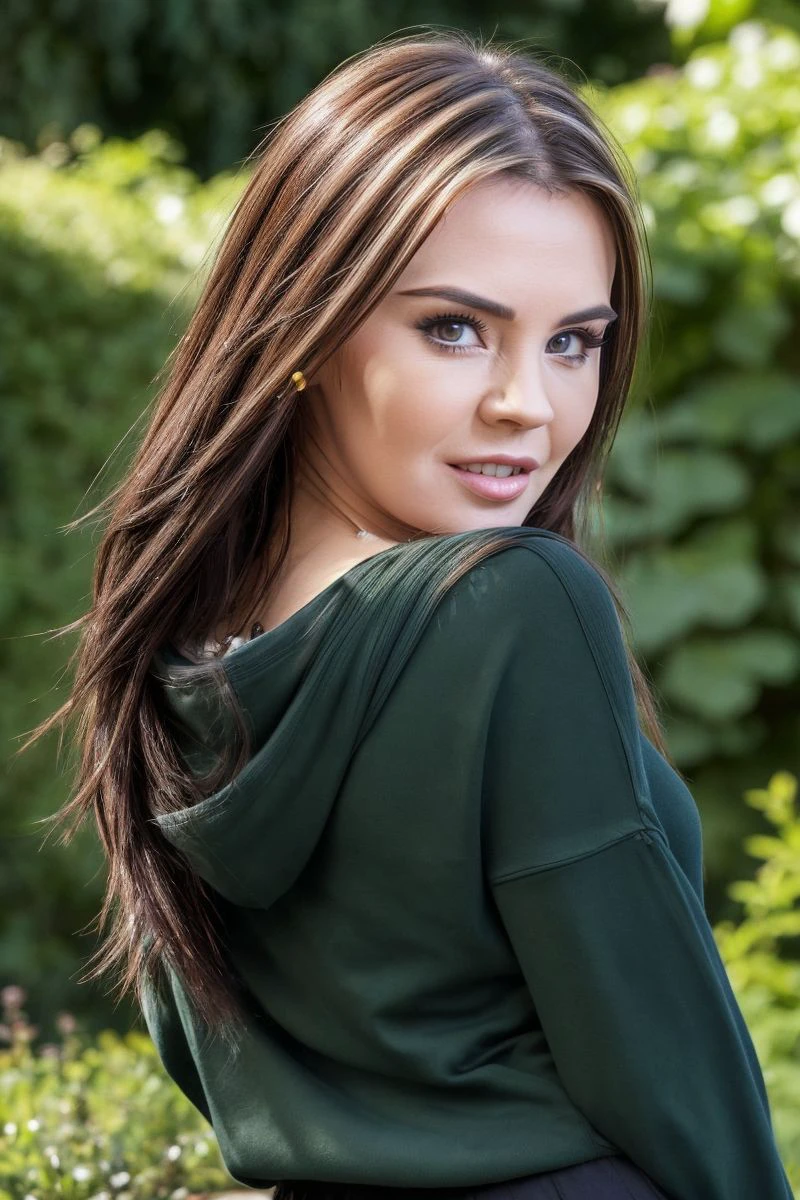 photo of S377_TimeaBella,a stylish woman,in a (garden:1.1),wearing a (sweatshirt:1.1),(skirt),(4k, RAW photo, best quality, 35mm, depth of field, ultra high res:1.1),(intricate, photorealistic, cinematic-shot, masterpiece, ultra-detailed:1.1),