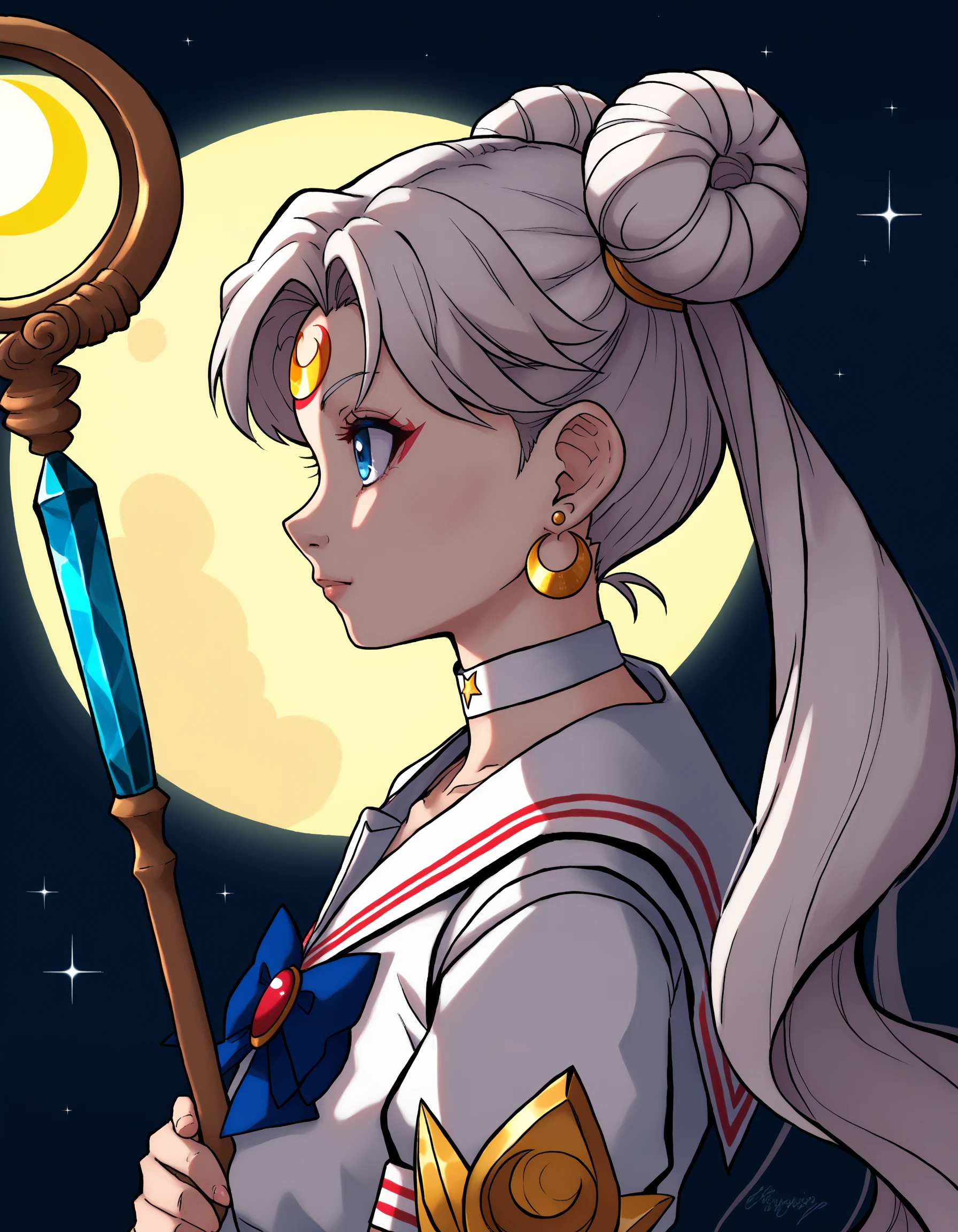 1girl, solo, choker, sailor senshi uniform, jewelry, double bun, long hair, white choker, sailor collar, blue eyes, hair bun, twintails, magical girl, white sailor collar, moon, earrings, full moon, facial mark, anime coloring, hair ornament, staff, white hair, profile, forehead mark, backlighting, from side, crystal, portrait, crescent,  zPDXL