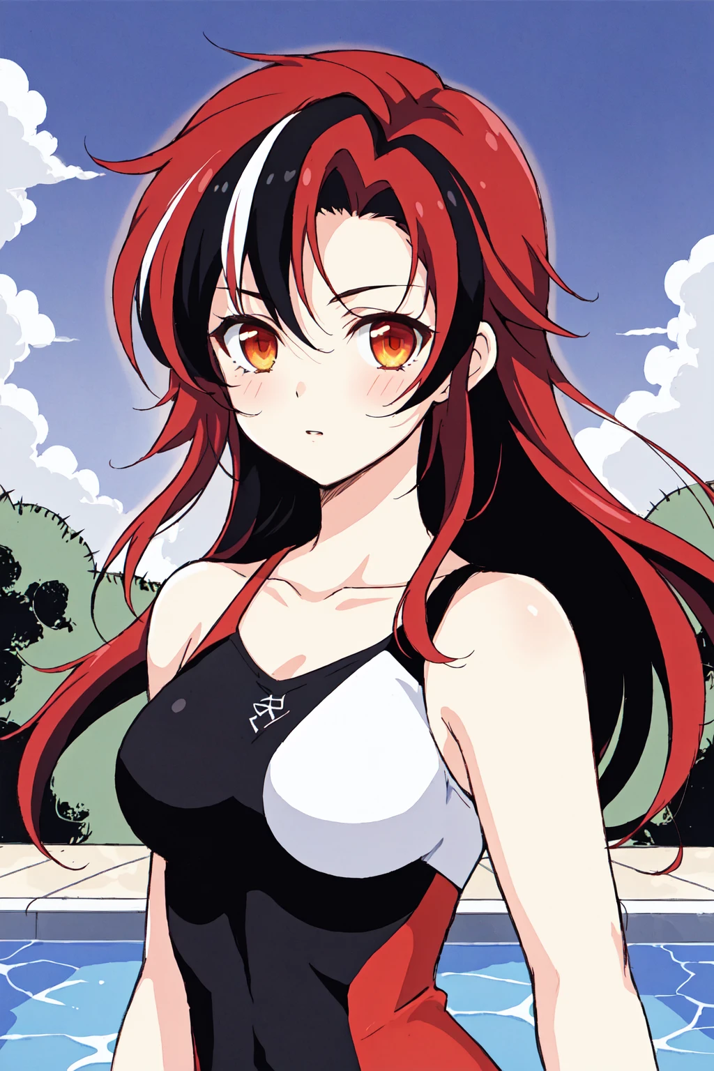 a cartoon girl who has red hair and black hair, in the style of gender bending, dark gray and light amber, rainbowcore, poolcore, sharp/prickly, streaked, photo taken with provia