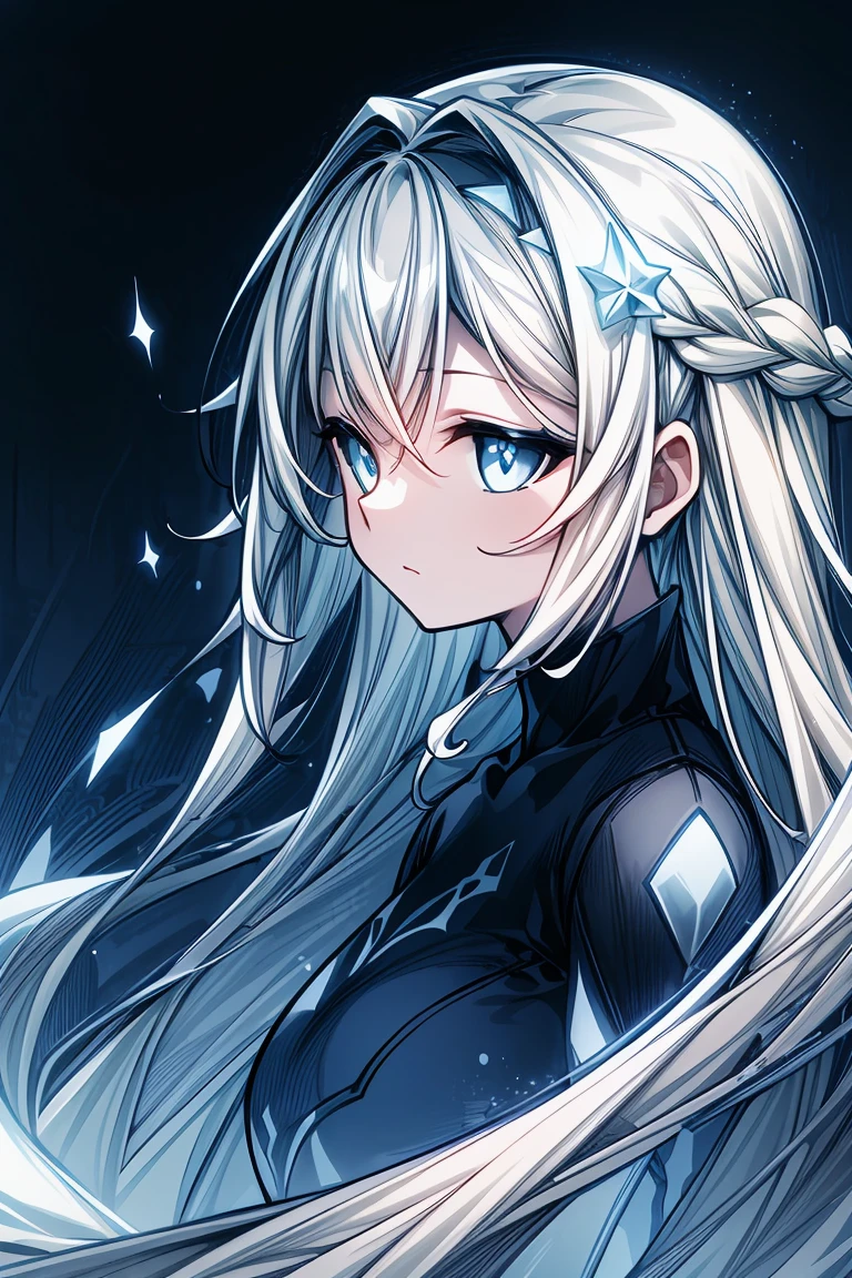 (greyscale:0.9), (blue theme:1.3), best quality,Epic,highly detail,Illustration,Cover,enigmatic figure,draped in translucent fabric,crystals adorning hair,dreamlike swirl,pastel hues,soft light,evoking calm serenity and elusive beauty,Non-representational,colors and shapes,expression of feelings,imaginative,highly detailed, long_hair, white_hair, +_+, blue_eyes,upper_body,from_side