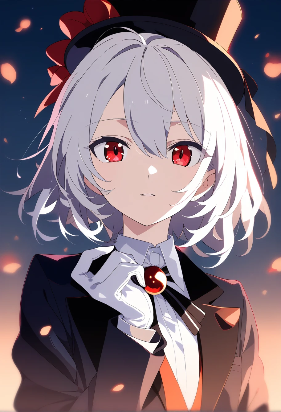 1girl,solo,white hair,red eyes,tuxedo,top_hat,early teen,white gloves,high saturation,midnight,newest,medium quality,general,masterpiece,<lora:nai3animation_v0.2-000016:1>,