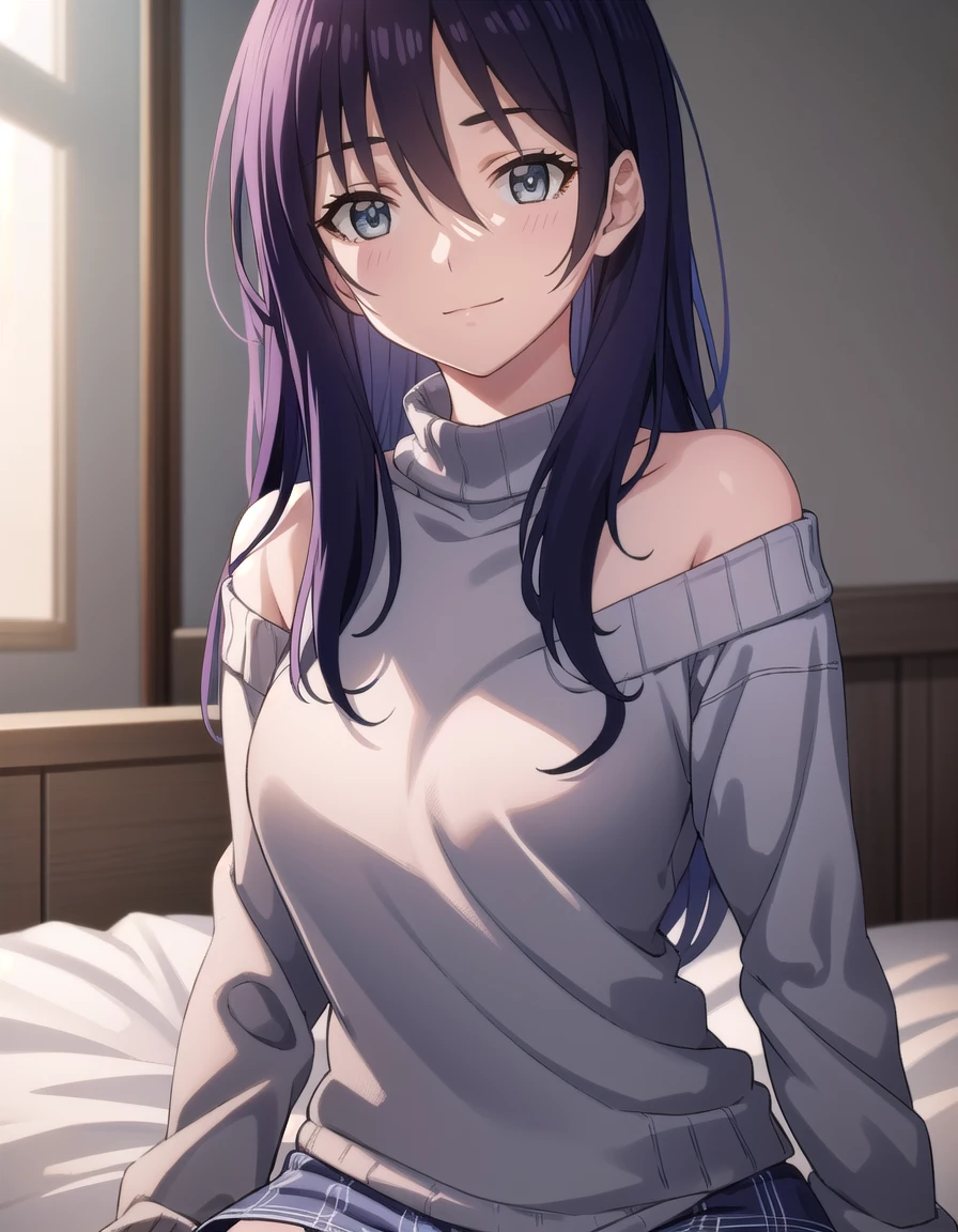 yurikotobiki, <lora:yuri kotobiki-lora-nochekaiser:1>,
yuri kotobiki, long hair, black hair, (grey eyes:1.3),
BREAK off shoulder, sweater, purple sweater, skirt, white skirt,
BREAK indoors, bed, bed room, smile,
BREAK looking at viewer, (cowboy shot:1.5),
BREAK <lyco:GoodHands-beta2:1>, (masterpiece:1.2), best quality, high resolution, unity 8k wallpaper, (illustration:0.8), (beautiful detailed eyes:1.6), extremely detailed face, perfect lighting, extremely detailed CG, (perfect hands, perfect anatomy),