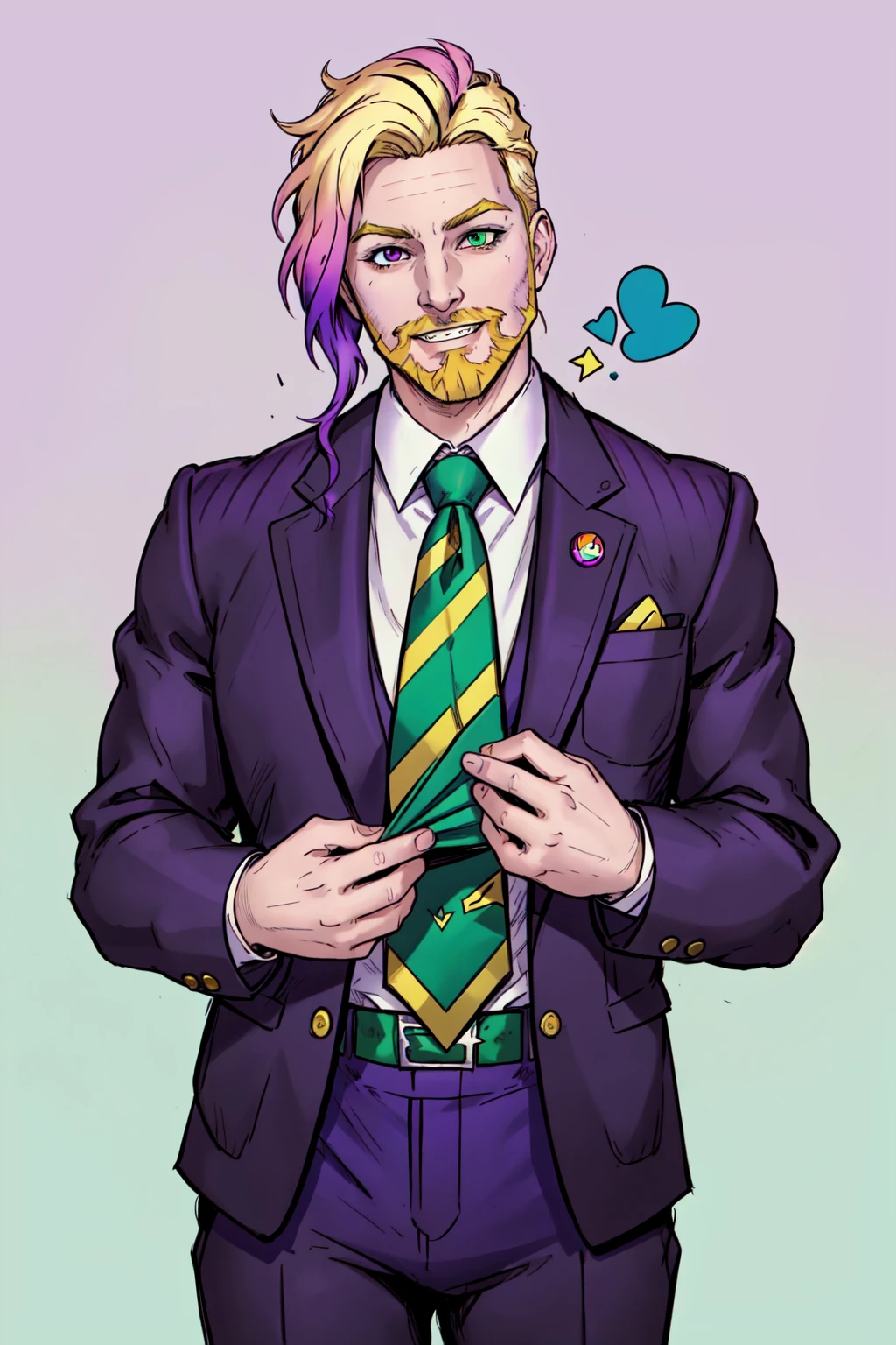 masterpiece, official art, 1boy, male focus, solo, facial hair, necktie, smile, beard, grin, gradient hair, multicolored hair, dyed bangs, blonde hair, purple hair, green hair, purple eyes, green eyes, heterochromia, formal, looking at viewer, prison clothes, striped suit, suit, indoors, office building, in the style of corporate punk, extremely detailed, art by Jack Kirby and Adam Hughes and Terry Dodson, award winning movie poster, in the style of Beetlejuice, because fuck corporations, oh and genocide is evil