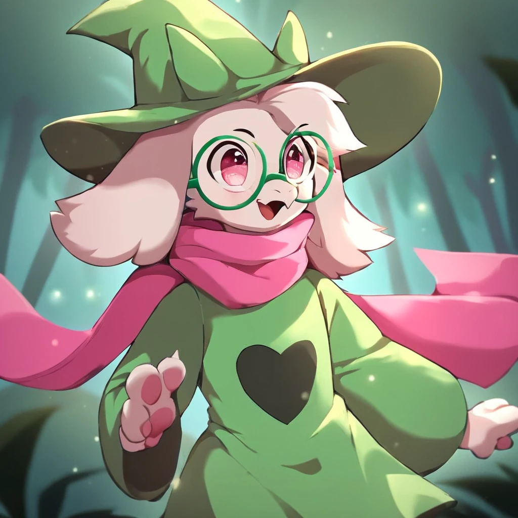 cinematic film still score_9,score_8_up,score_7_up,score_6_up,score_5_up,score_4_up, solo anthro, goat, RalseiWhite, upper body, boy, (pink eyes), green robe, pink scarf, Green hat, White fur, ((round glasses, Green glasses)), (happy, dancing),  <lora:Ralsei B-W-000016:1>, forest background . shallow depth of field, vignette, highly detailed, high budget, bokeh, cinemascope, moody, epic, gorgeous, film grain, grainy