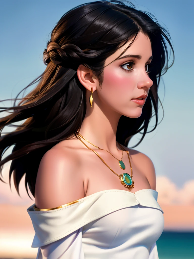 A beautiful c4rr13f,1girl, solo, long hair, black hair, bare shoulders, jewelry, upper body, earrings, necklace, blurry, profile, watermark, web address, realistic,soft lighting, professional Photography, Photorealistic, detailed, RAW, analog, sharp focus, 8k, HD, high quality, masterpiece<lora:c4rr13f:1.0>