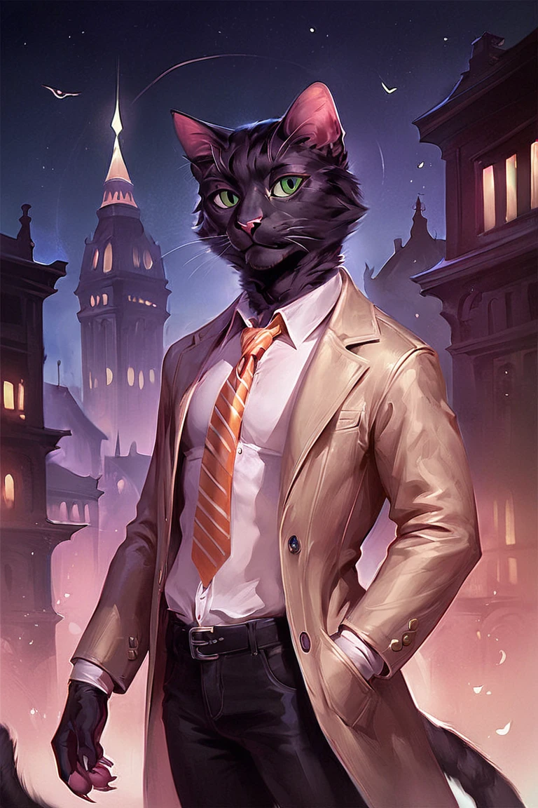 score_9, score_8_up, score_7_up, rating_safe, source_furry, pinkdreamsstyle, concept art, digital art, realistic, anthro, furry, black cat, cat, black fur, green eyes, white collared shirt, long sleeves, striped necktie, orange necktie, beige coat, black pants, muscular, 1boy, solo, male focus, mature male, looking at viewer, cowboy shot, standing, outdoors, city, building, night, night sky, dark background <lora:Pink Dreams Style LoRA_Pony XL v6 ALT:0.7>