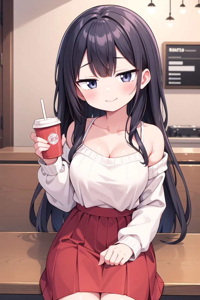 insanely detailed, absurdres, ultra-highres, ultra-detailed, best quality,
1girl, solo, nice hands, perfect hands,
BREAK
wearing sweater, off shoulder sweater, one piece sweater, sweater with long sleeves, bare shoulder, collarbone, red skirt
BREAK
happy smile, laugh, closed mouth,
sitting, holding coffee cup,
from below, cowboy shot, looking at viewer
BREAK
slender, kawaii, perfect symmetrical face, ultra cute girl, ultra cute face, ultra detailed eyes, ultra detailed hair, ultra cute, ultra beautiful,
BREAK
indoors, in coffee shop
BREAK
large breasts, black hair, long hair, black eyes