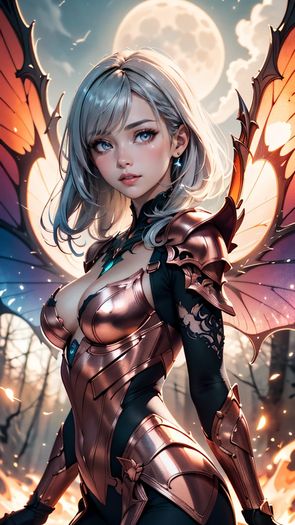 (best quality, masterpiece, colorful, highest detailed) upper body photo, fashion photography of cute (1 young cute fire fairy), french bob copper hair, silver eyes, in high detailed copper light armor, (reflective, intricated), big detailed fire wings, symmetrical wings, chromatic aberration, colorful, bright colors, (ultra-detailed body), (light smile:0.3), moonlight passing through hair, (enchanted forest background:1.3), (intricate details), (dynamic angle)