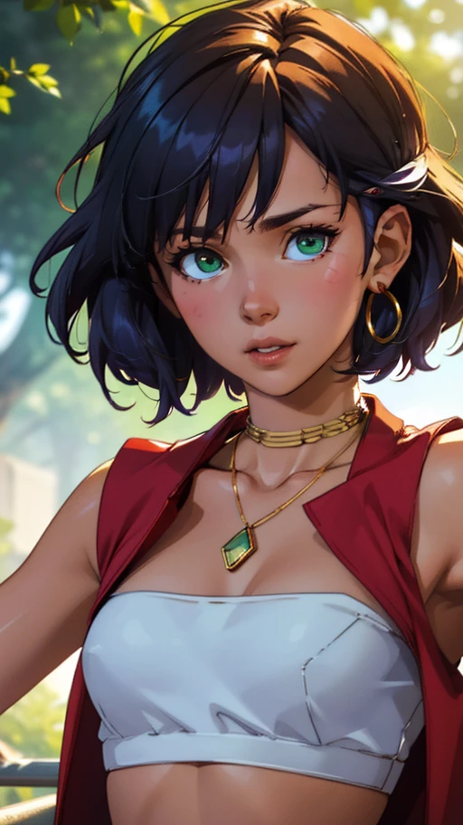 (masterpiece, best quality, highres:1.2),(Nadia la Arwall), upper body professional photo, dark purple bob-cut hair, dark-skinned, girl, intense green eyes, gold triple neck ring, necklace, strapless, white tube top, red vest (high resolution textures), in dynamic pose, bokeh, (intricate details, hyperdetailed:1.15), sunlight passing through hair, (Caraibbian island background)(official art, extreme detailed, hyperrealism, soft light, sharp, perfect face) <lora:Nadia:0.6>