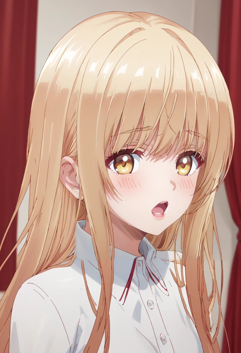 best quality, masterpiece, highres, solo, (shiina_mahiru_otonarinotenshisamaniitsunomanikadameningennisareteitaken:1.10), 1girl, collared shirt, open mouth, white shirt, blush, indoors, upper body, curtains, portrait, anime_style, 5 <lora:shiina_mahiru_otonarinotenshisamaniitsunomanikadameningennisareteitaken:0.80>