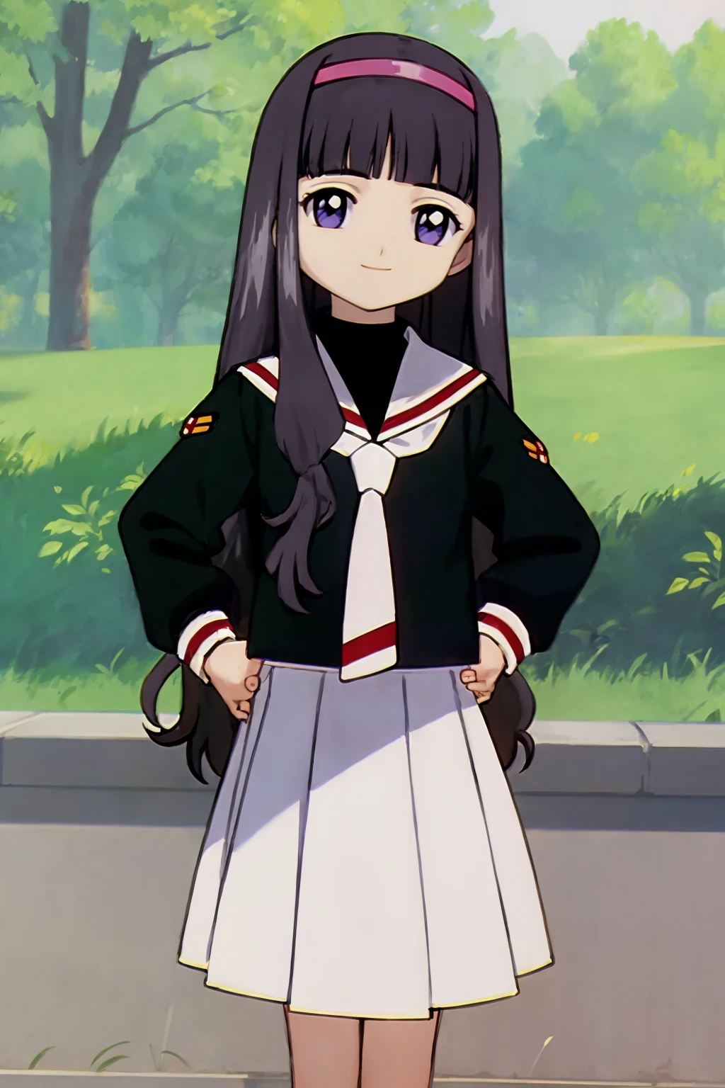 masterpiece, best quality,
1girl, daidouji tomoyo, black hair, long hair, blunt bangs, hairband, long hair, purple eyes,
black shirt, long sleeves, neckerchief, sailor collar, school uniform, serafuku, white skirt, tomoeda elementary school uniform,
smile,  full body, hands on hips, solo, looking at viewer, outdoors, grass, meadow background     <lora:TomoyoDaidouji:1>