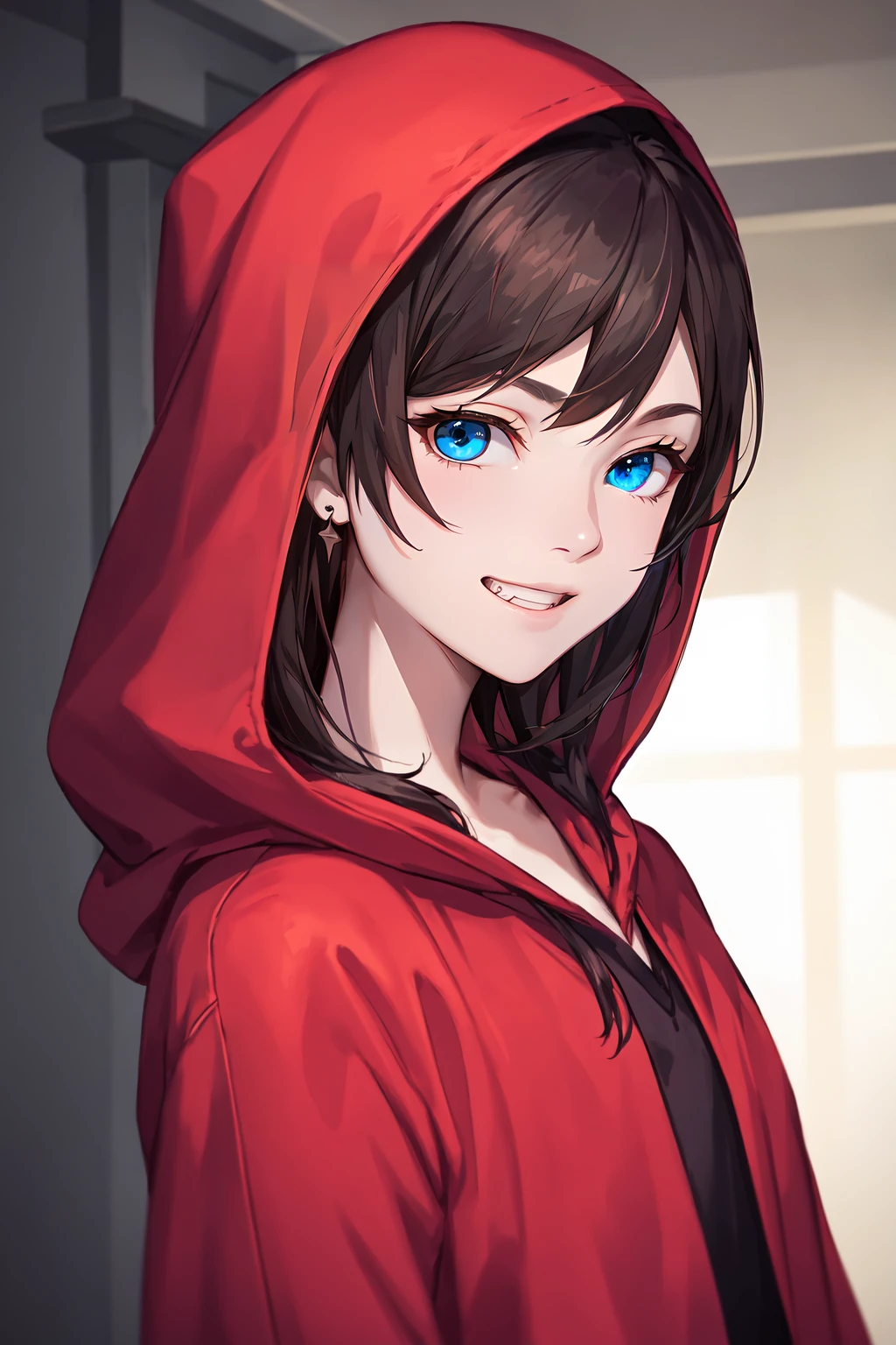 solo, brown hair, black hair, 1boy, jacket, male focus, red robes, hood down, staff, magic, four point perspective, masterpiece, official art,  LimitBreakStyler NeonLighting PA7_Portrait-CU PoltergeistLooks