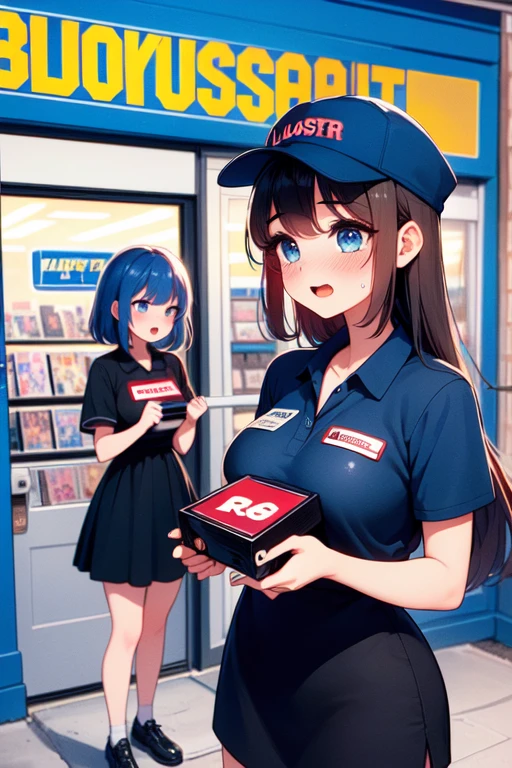 (((masterpiece, best quality, very aesthetic, absurdres))), (((2girls))), (((blockbuster))), (((red "R18" word logo))), ((clerk holding a video rental store goods)),blue cap, blue polo shirt, khaki pants, look at each other, (((storefront))), (((glass door))), (((night))), parted lips, guest in short dress, solo, 1girl, ribbon, sweat, shy, blush, open mouth, moist skin, pretty face, big tits, slim figure, <lora:girllikeblockbuster:1>