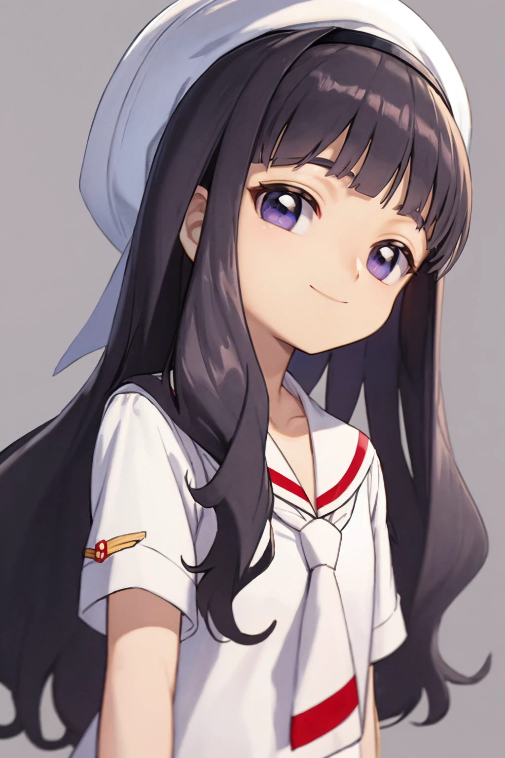 masterpiece, best quality,
1girl, daidouji tomoyo, black hair, long hair, blunt bangs, hairband, long hair, purple eyes,
white shirt, short sleeves, red neckerchief,  sailor collar, school uniform, collarbone, skirt, hat,
smile,  upper body, solo, looking at viewer, simple background     <lora:TomoyoDaidouji:1>