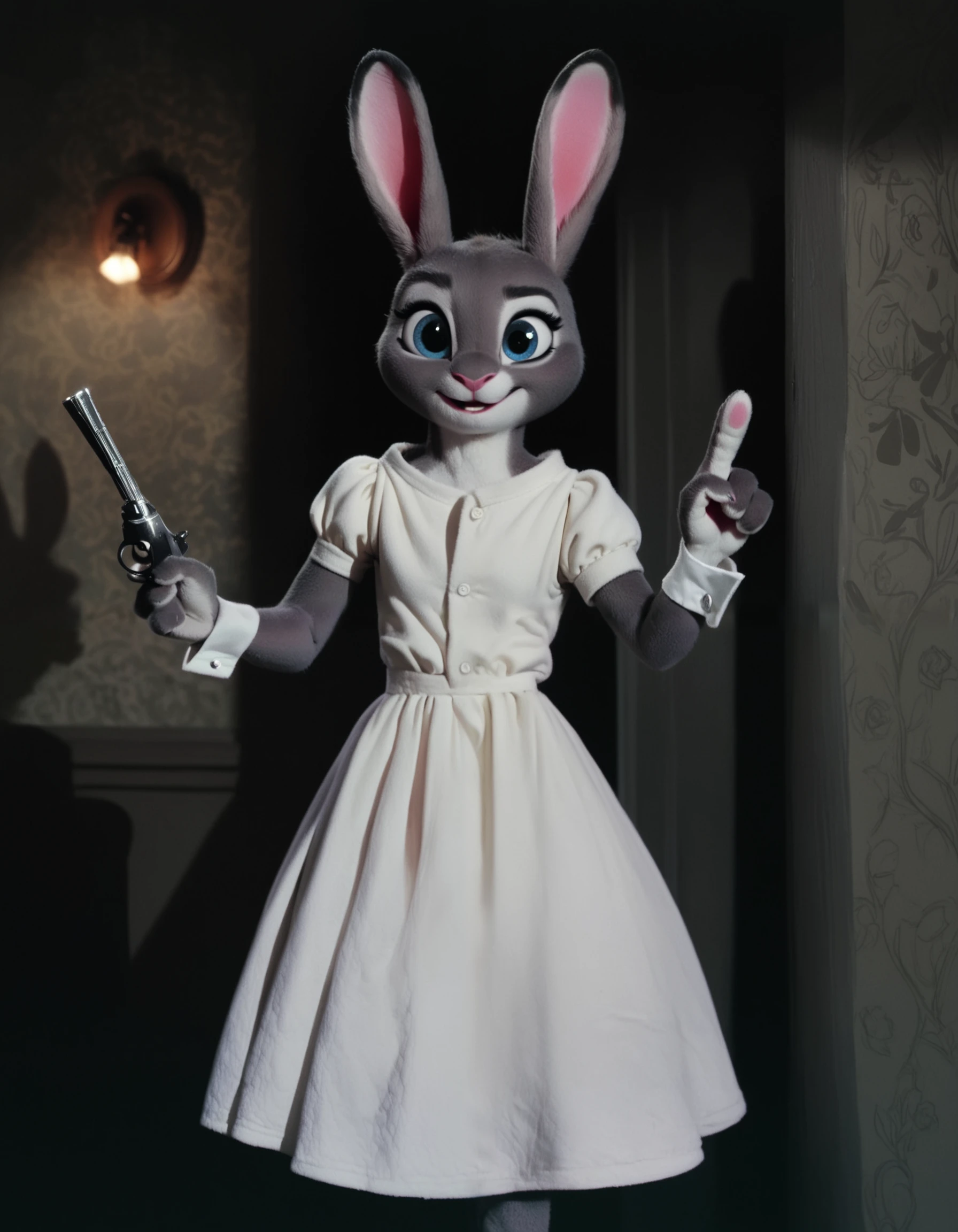 score_9, score_8_up, score_7_up, score_6_up, score_5_up, score_4_up, still, source_furry, (a cute bunny), indoors, rim lighting, dress, bunny ears, pointing revolver
