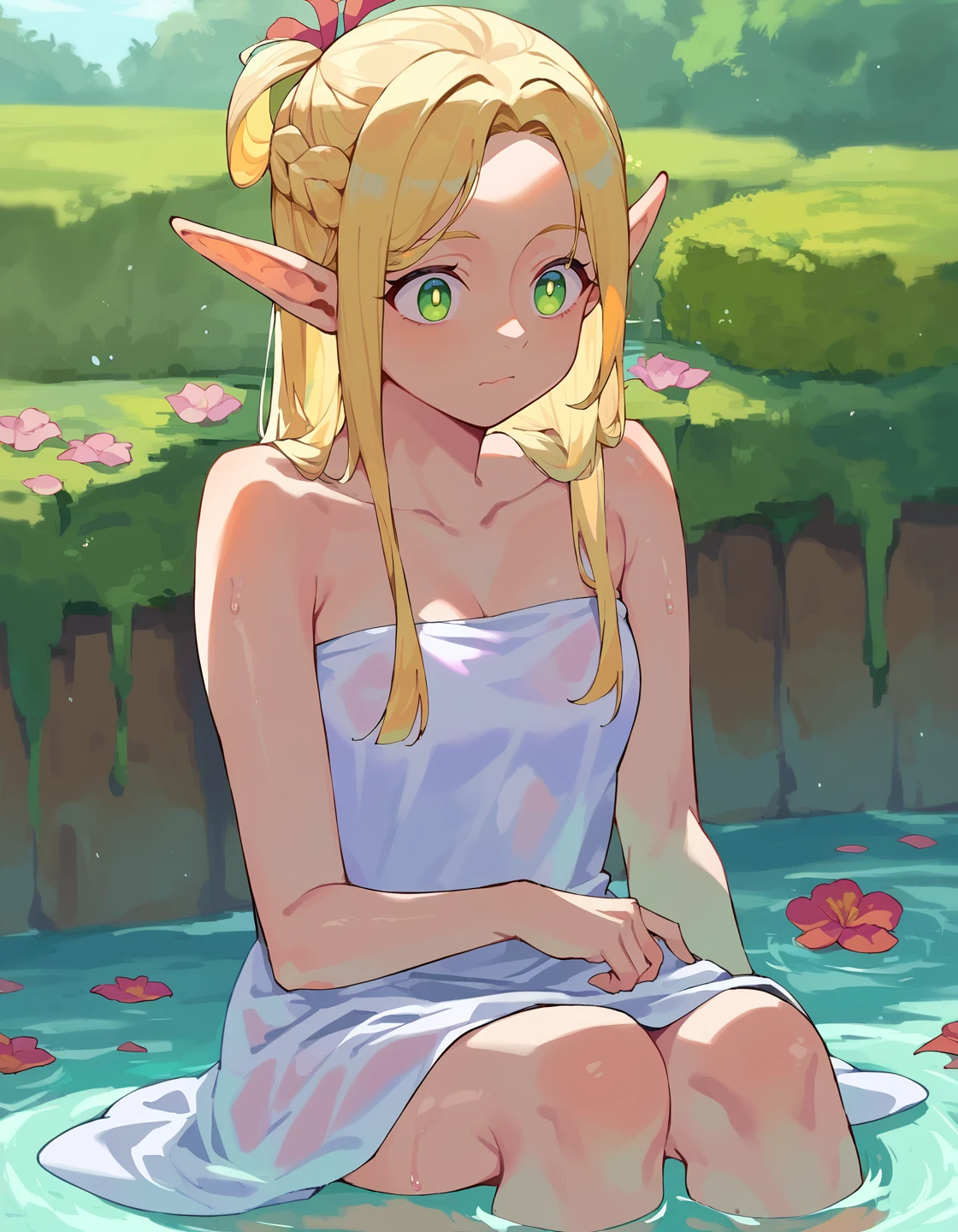 score_9, score_8_up, score_7_up, score_6_up, source anime, BREAK
<lora:dungeon_meshi_marcille:1> ellicrampnxl, marcille donato, 1girl, pointy ears, elf, sitting, solo, outdoors, water, soaking feet, flower, closed mouth