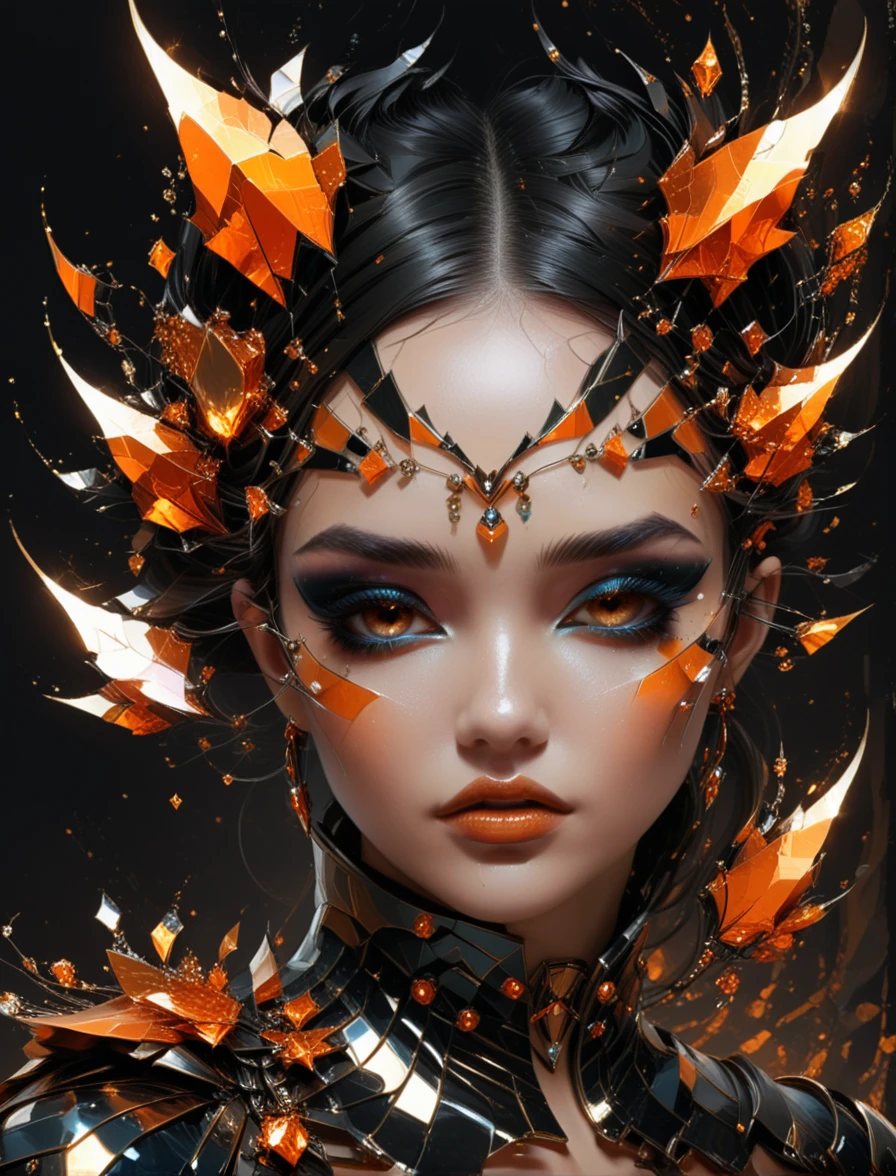 ,frct style,sorcerer casting a spell,8k,masterpiece, jewels, Fae theme, Black and Orange palette, intricate, mistic, Strange symbols, Beautiful, symmetrical face, intricate, elegant, highly detailed,8k, digital painting, trending on pinterest, GUCCI, PRADA, harper's bazaar, concept art, sharp focus, golden ratio, illustration, by artger <lora:FractalShardsXL:0.87>