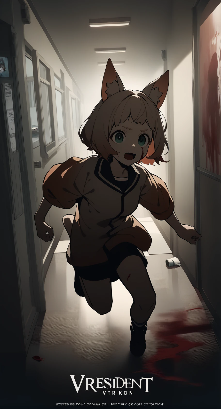 1girl,solo,vrchat kon,teenager,Resident Evil,logo,title,run,film poster,hospital,fear,indoor,blood,newest,medium quality,general,masterpiece,<lora:vrchat_kon_v0.2-000016:0.74>,