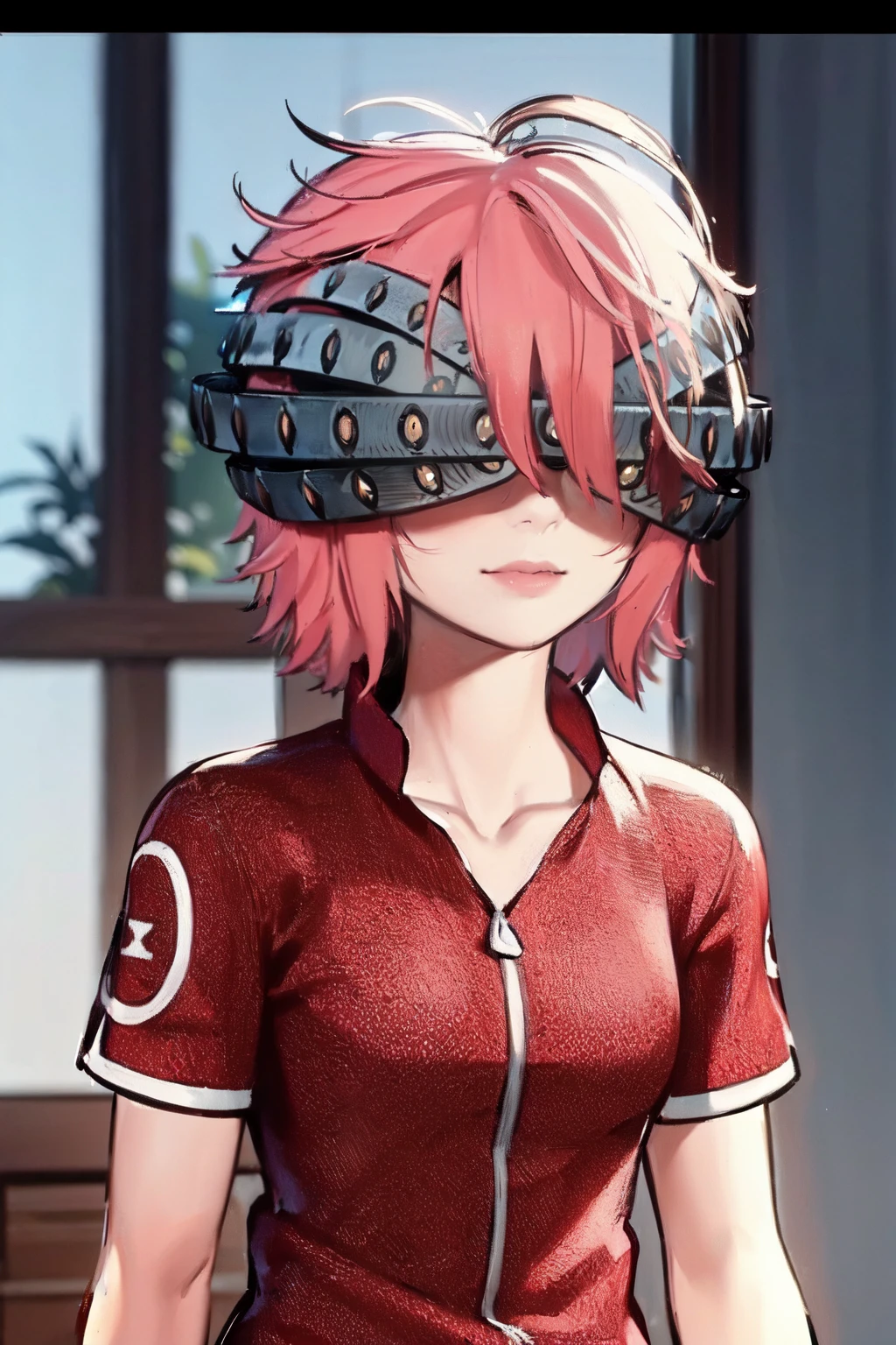 (masterpiece, highres, detailed),upper body,<lora:SakuraV2:0.7>,haruno sakura,1girl,pink hair,green eyes,short hair,long hair,short sleeves,bike shorts,<lora:arivayle2-02>,(arihelmet),