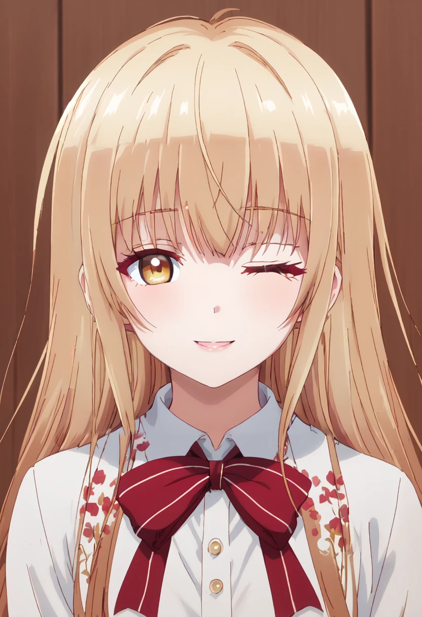 best quality, masterpiece, highres, solo, (shiina_mahiru_otonarinotenshisamaniitsunomanikadameningennisareteitaken:1.10), smile, happy, one eye closed, portrait, looking at viewer, anime_style, 45 <lora:shiina_mahiru_otonarinotenshisamaniitsunomanikadameningennisareteitaken:0.80>