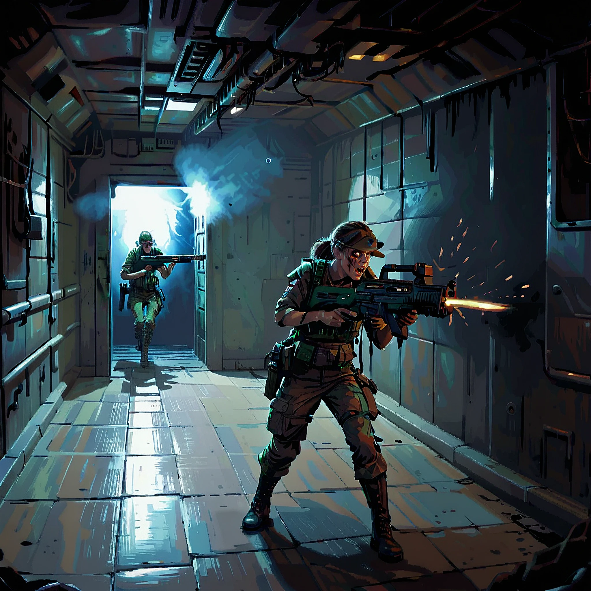 a soldier firing her rifle at a monster in dark corridor, fear, panic, muzzle flash, battle, holding weapon, rifle, monster, uscmc, horror_(theme), darkness,