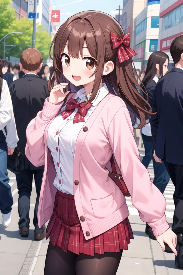 insanely detailed, absurdres, ultra-highres, ultra-detailed, best quality,
1girl, solo, nice hands, perfect hands
BREAK
(School Uniforms:1.2), (pink cardigan is fit body:1.4), ((do up a buttons, not loose):1.5), ((long sleeve, sleeves past wrists):1.2), (inner wear is white collared-shirt:1.3), (red plaid-pattern bow:1.3), (red plaid-pattern pleated skirt:1.3), ((dark-brown pantyhose, loafers):1.2)
BREAK
happy smile, laugh, open mouth, standing,
from side,
cute pose, cowboy shot
BREAK
slender, kawaii, perfect symmetrical face, ultra cute girl, ultra cute face, ultra detailed eyes, ultra detailed hair, ultra cute, ultra beautiful
BREAK
in harajuku, shibuya, tokyo, street, crowd, cityscape
BREAK
medium large breasts,
(brown hair, brown eyes), hime cut