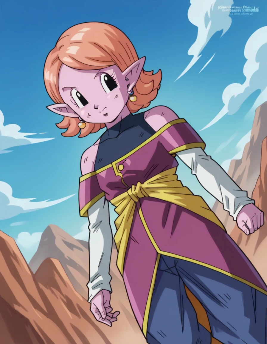 score_9, score_8_up, score_7_up, source_anime,
dragonballchronoa, <lora:dragon-ball-chronoa-ponyxl-lora-nochekaiser:1>,
chronoa, bare shoulders, pointy ears, colored skin, pink hair, pink skin, swept bangs, short hair, black eyes,
leotard, dress, purple dress, off shoulder, bare shoulders, detached sleeves, pants, blue pants,
outdoors, space, smile,
looking at viewer, cowboy shot, dutch angle,