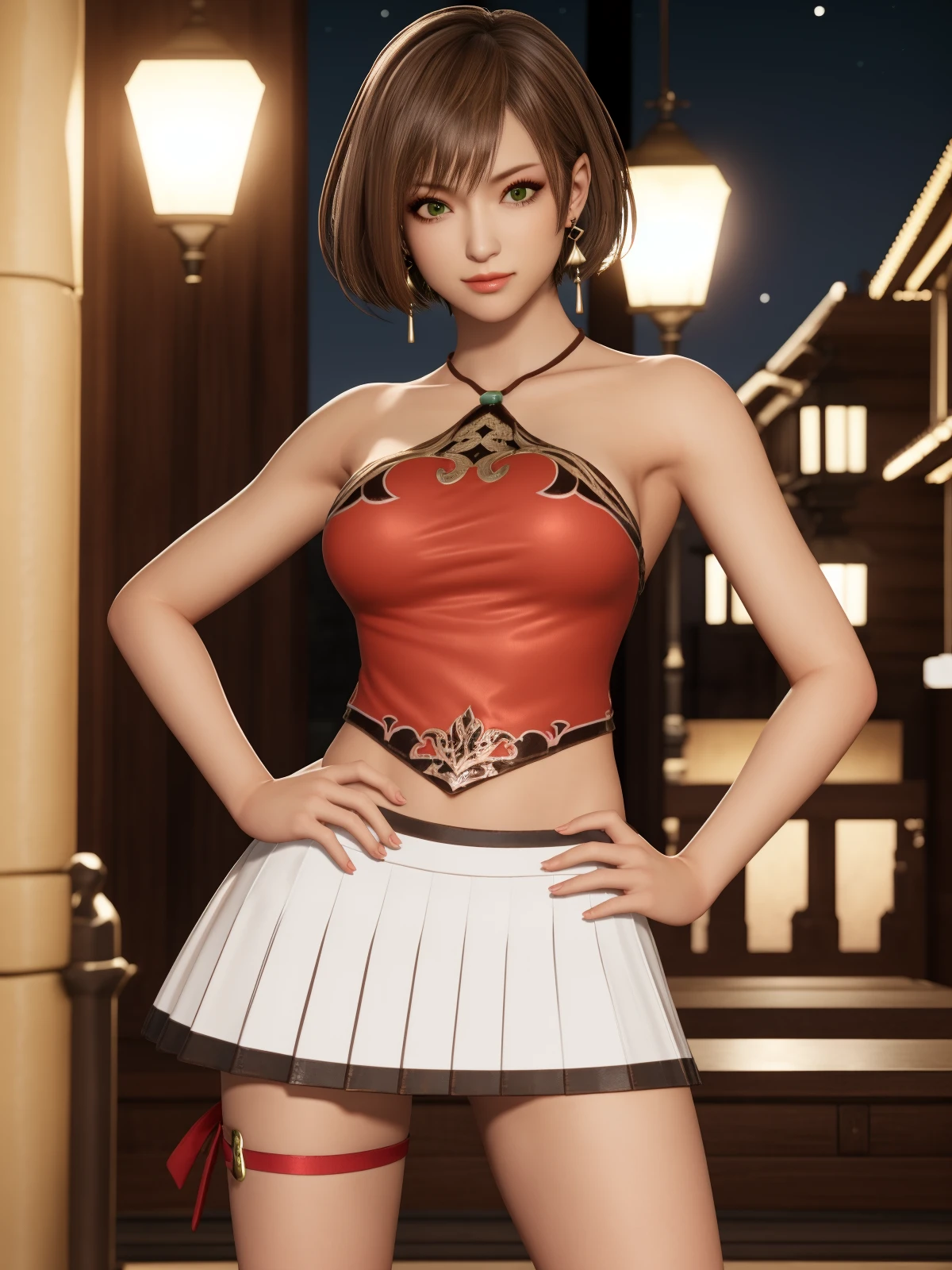 ZSGWSsunshangxiangDD, 1girl, solo, brown hair, jewelry, short hair, earrings, green eyes, bare shoulders, midriff, looking at viewer, leg ribbon, breasts, lips, medium breasts, <lora:ZSGWSsunshangxiangDD:0.75>,cityscape, night, hand on hip, pleated skirt,