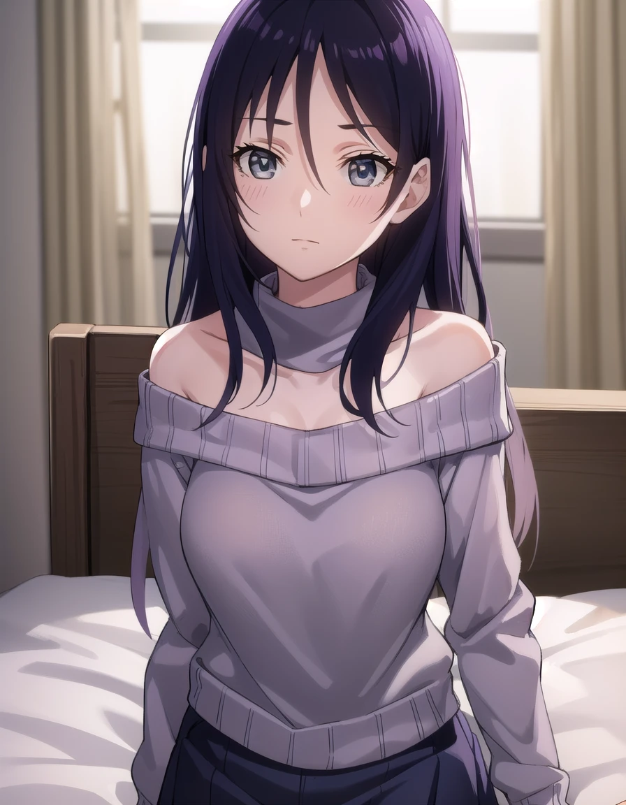 yurikotobiki, <lora:yuri kotobiki-lora-nochekaiser:1>,
yuri kotobiki, long hair, black hair, (grey eyes:1.3),
BREAK off shoulder, sweater, purple sweater, skirt, white skirt,
BREAK indoors, bed, bed room,
BREAK looking at viewer, (cowboy shot:1.5),
BREAK <lyco:GoodHands-beta2:1>, (masterpiece:1.2), best quality, high resolution, unity 8k wallpaper, (illustration:0.8), (beautiful detailed eyes:1.6), extremely detailed face, perfect lighting, extremely detailed CG, (perfect hands, perfect anatomy),