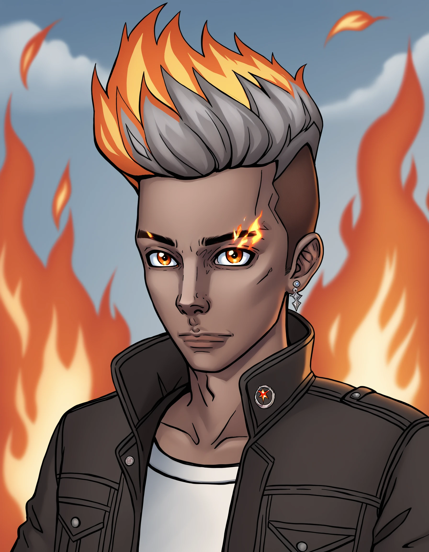 1boy, brown eyes, jewelry, closed mouth, jacket, dynamic pose, grey hair, male focus, multicolored hair, earrings, dark skin, dark-skinned male, orange eyes, floating hair, glowing, dark-skinned male, fire, undercut, fiery hair, eyebrow cut, source_anime, source_pony, source_cartoon , depth of field, outdoors, cinematic angle, flat color,, PonyXLV6_Scores