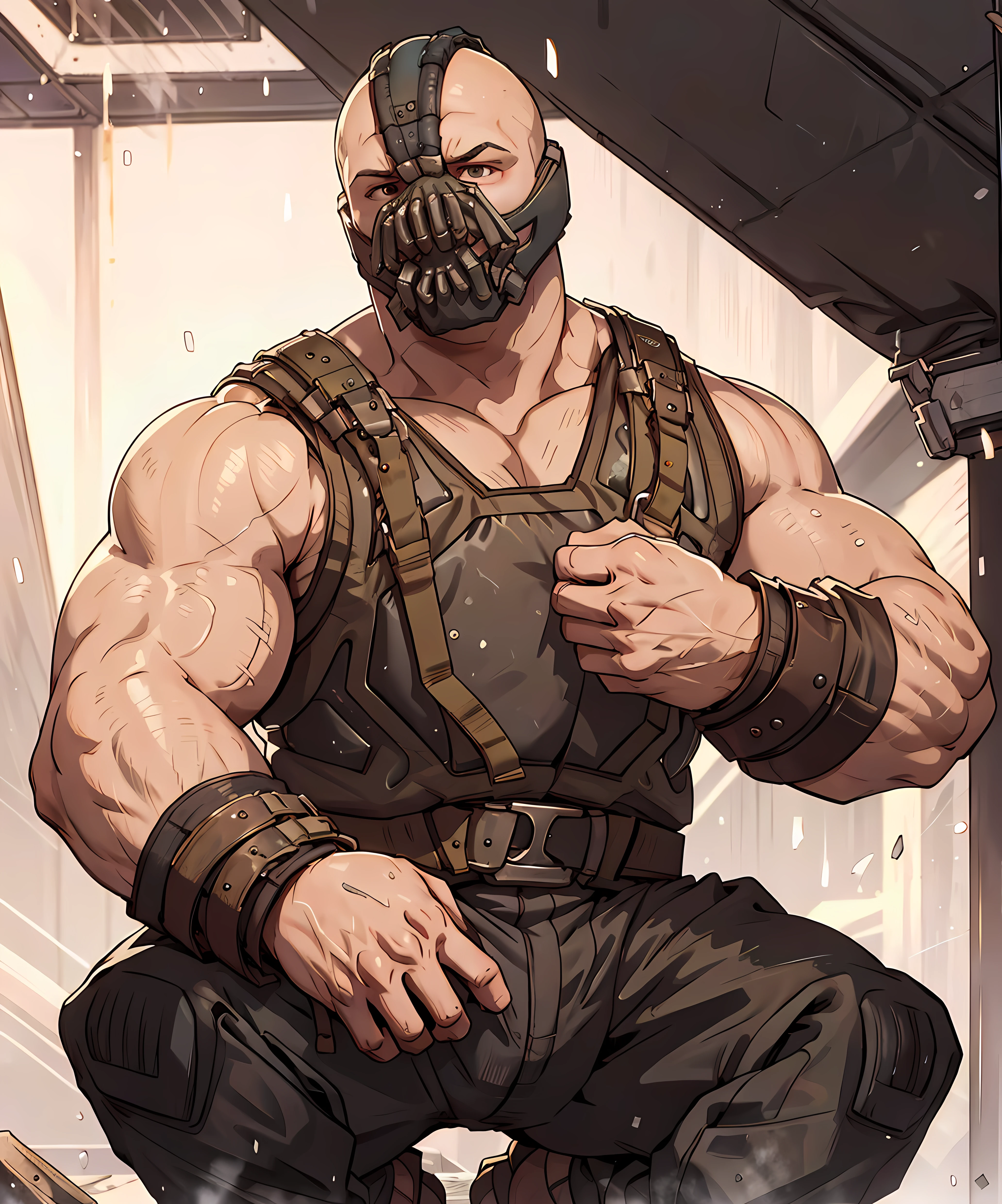 <lora:Bane:0.8> bane, looking at viewer, muscular, armor, mask, long pants, belt, squatting