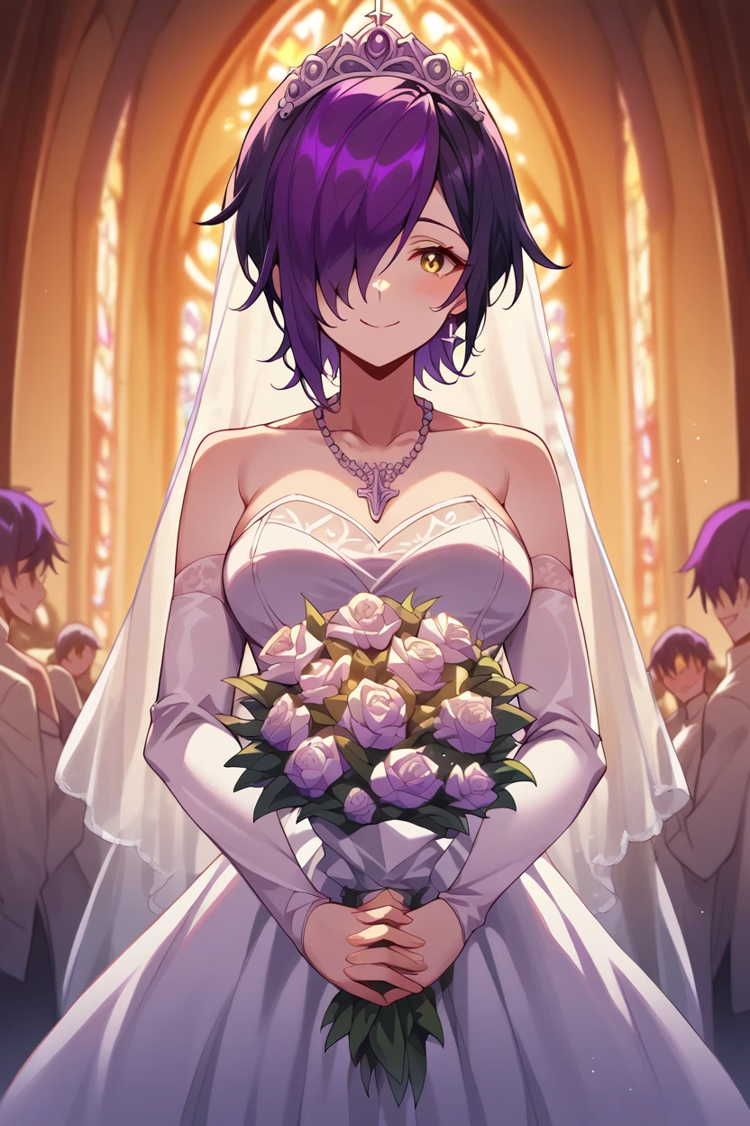 score_9, score_8_up, score_7_up, score_6_up, score_5_up, score_4_up, BREAK nihilo,cowboy shot, 1girl,solo,black hair,yellow,eyes,purple hair, hair over one eye,medium breasts,short hair,wedding dress,veil,,smile, blush,happy,holding bouquet,own hands together,looking at viewer,indoors, church, white light, altar,crowd,tiara,strapless,necklace  <lora:NihiloPony:1>