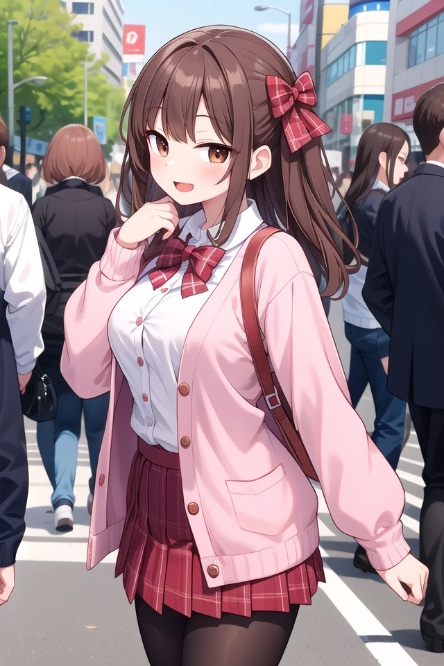insanely detailed, absurdres, ultra-highres, ultra-detailed, best quality,
1girl, solo, nice hands, perfect hands
BREAK
(School Uniforms:1.2), (pink cardigan is fit body:1.4), ((do up a buttons, not loose):1.5), ((long sleeve, sleeves past wrists):1.2), (inner wear is white collared-shirt:1.3), (red plaid-pattern bow:1.3), (red plaid-pattern pleated skirt:1.3), ((dark-brown pantyhose, loafers):1.2)
BREAK
happy smile, laugh, open mouth, standing,
from side,
cute pose, cowboy shot
BREAK
slender, kawaii, perfect symmetrical face, ultra cute girl, ultra cute face, ultra detailed eyes, ultra detailed hair, ultra cute, ultra beautiful
BREAK
in harajuku, shibuya, tokyo, street, crowd, cityscape
BREAK
medium large breasts,
(brown hair, brown eyes), hime cut