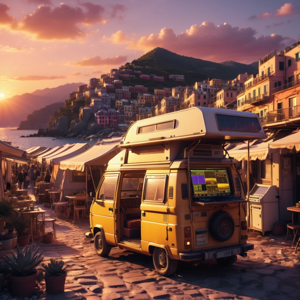 mboard artstyle,   desert caravan market at sunset, Game Boy Color, Cinque Terre, Italy  <lora:Motherboard artstyle - trigger is mboard artstyle:1>