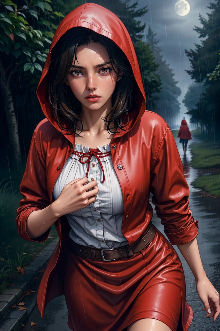 realistic, best quality, (masterpiece: 1.2)
red riding hood, running away from the bad wolf, moonlight, moody, rain
wet, sweaty, desperate expression
8k, 4k