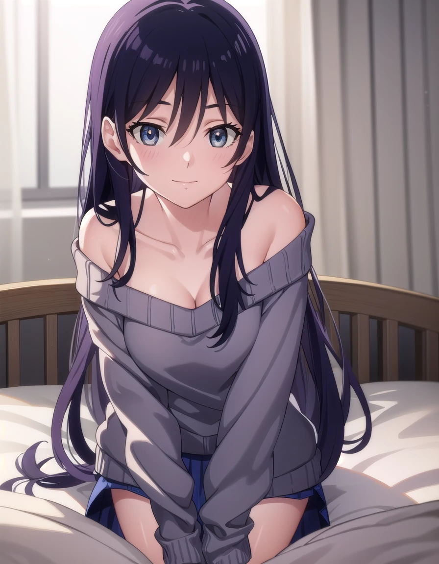 yurikotobiki, <lora:yuri kotobiki-lora-nochekaiser:1>,
yuri kotobiki, long hair, black hair, (grey eyes:1.3),
BREAK off shoulder, sweater, purple sweater, skirt, white skirt,
BREAK indoors, bed, bed room, smile,
BREAK looking at viewer, (cowboy shot:1.5),
BREAK <lyco:GoodHands-beta2:1>, (masterpiece:1.2), best quality, high resolution, unity 8k wallpaper, (illustration:0.8), (beautiful detailed eyes:1.6), extremely detailed face, perfect lighting, extremely detailed CG, (perfect hands, perfect anatomy),