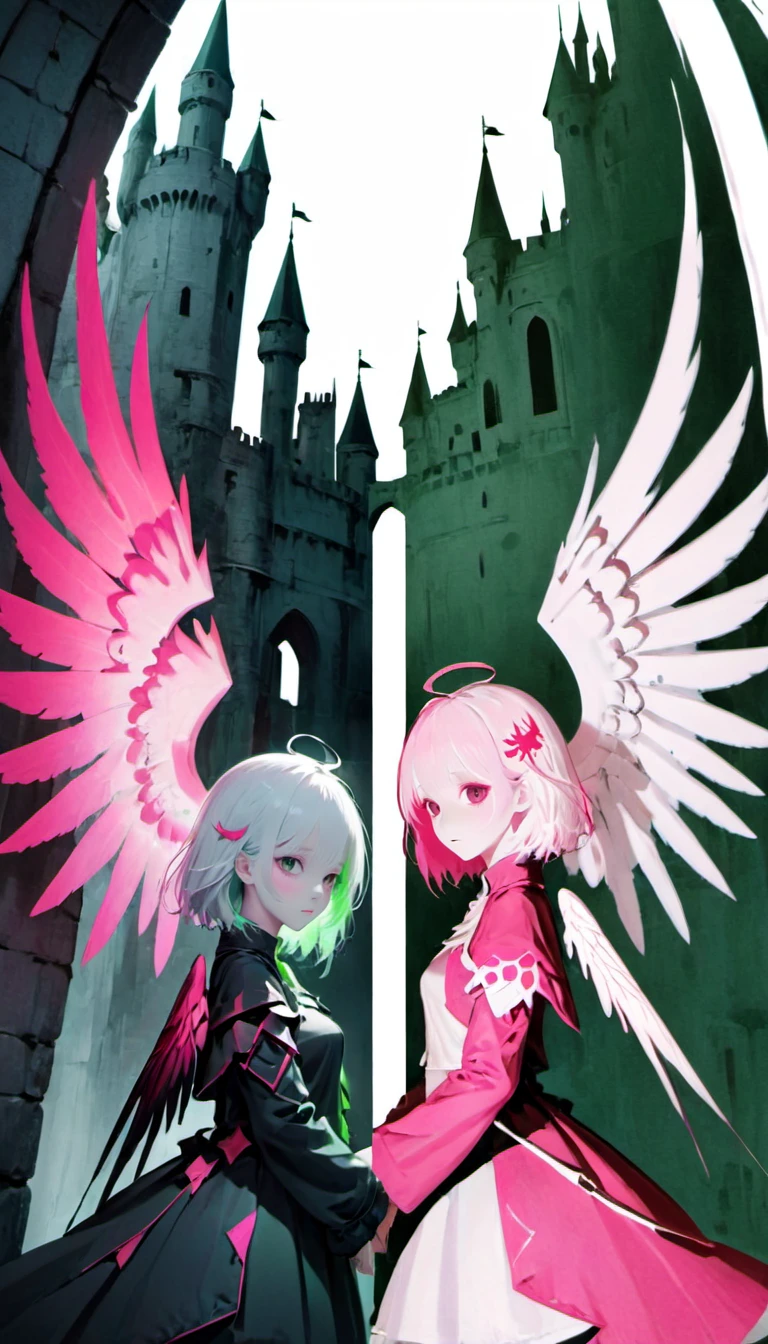 left and right different colors,1girl,contrast,color patches,<lora:xl-shanbailing-0112yin_yang:0.75>,darkolivegreen,dark_pink,castle,trendy,white hair,hime cut,(wings:1.3),