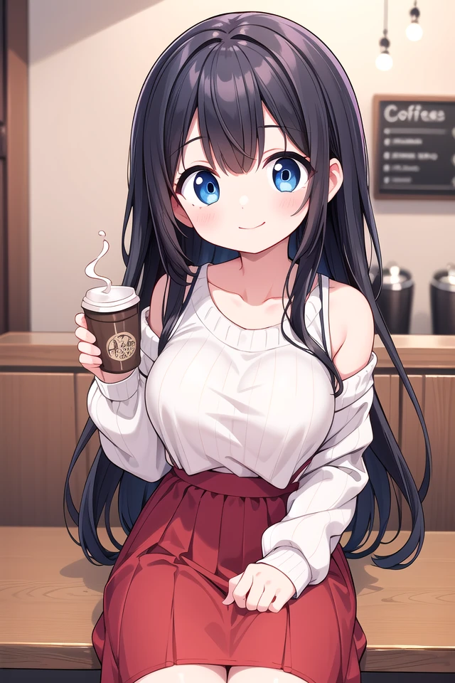 insanely detailed, absurdres, ultra-highres, ultra-detailed, best quality,
1girl, solo, nice hands, perfect hands,
BREAK
wearing sweater, off shoulder sweater, one piece sweater, sweater with long sleeves, bare shoulder, collarbone, red skirt
BREAK
happy smile, laugh, closed mouth,
sitting, holding coffee cup,
from below, cowboy shot, looking at viewer
BREAK
slender, kawaii, perfect symmetrical face, ultra cute girl, ultra cute face, ultra detailed eyes, ultra detailed hair, ultra cute, ultra beautiful,
BREAK
indoors, in coffee shop
BREAK
large breasts, black hair, long hair, black eyes