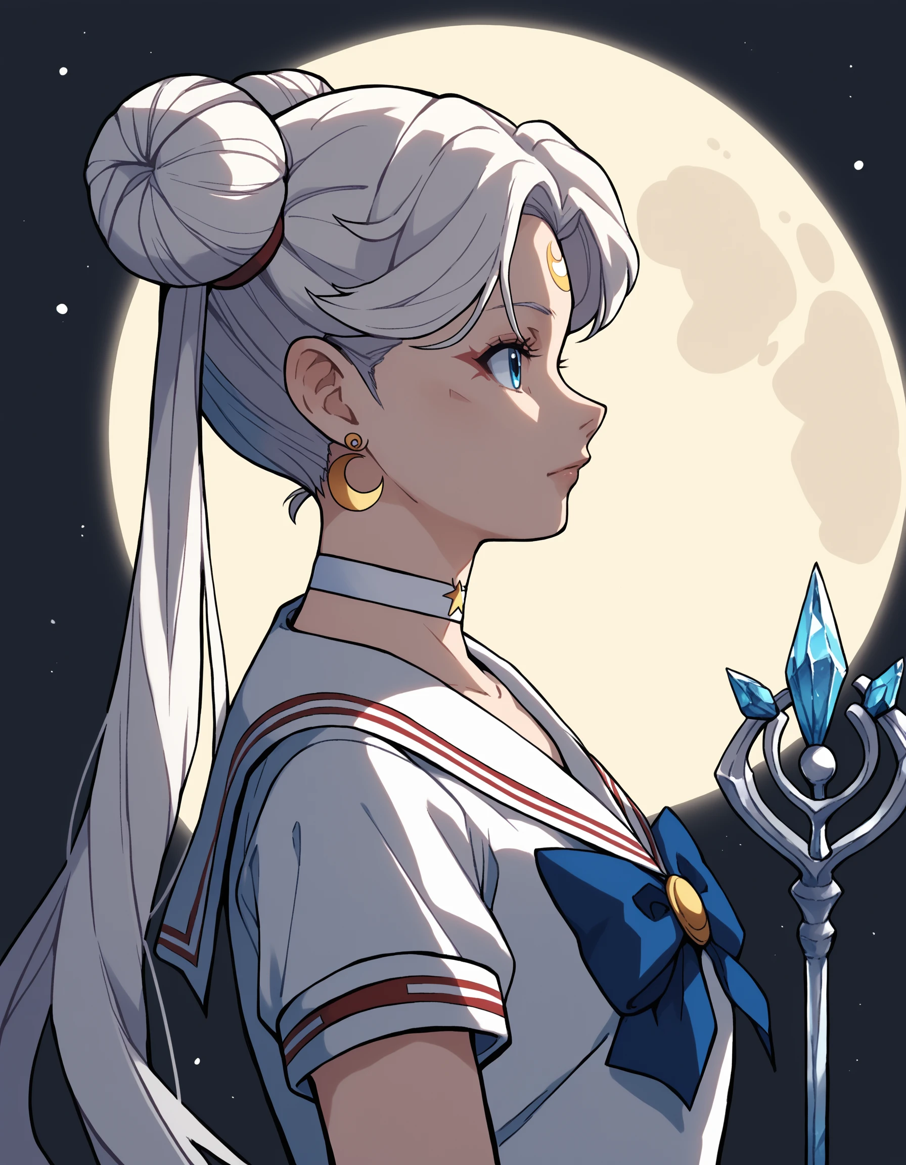 1girl, solo, choker, sailor senshi uniform, jewelry, double bun, long hair, white choker, sailor collar, blue eyes, hair bun, twintails, magical girl, white sailor collar, moon, earrings, full moon, facial mark, anime coloring, hair ornament, staff, white hair, profile, forehead mark, backlighting, from side, crystal, portrait, crescent, PonyXLV6_Scores