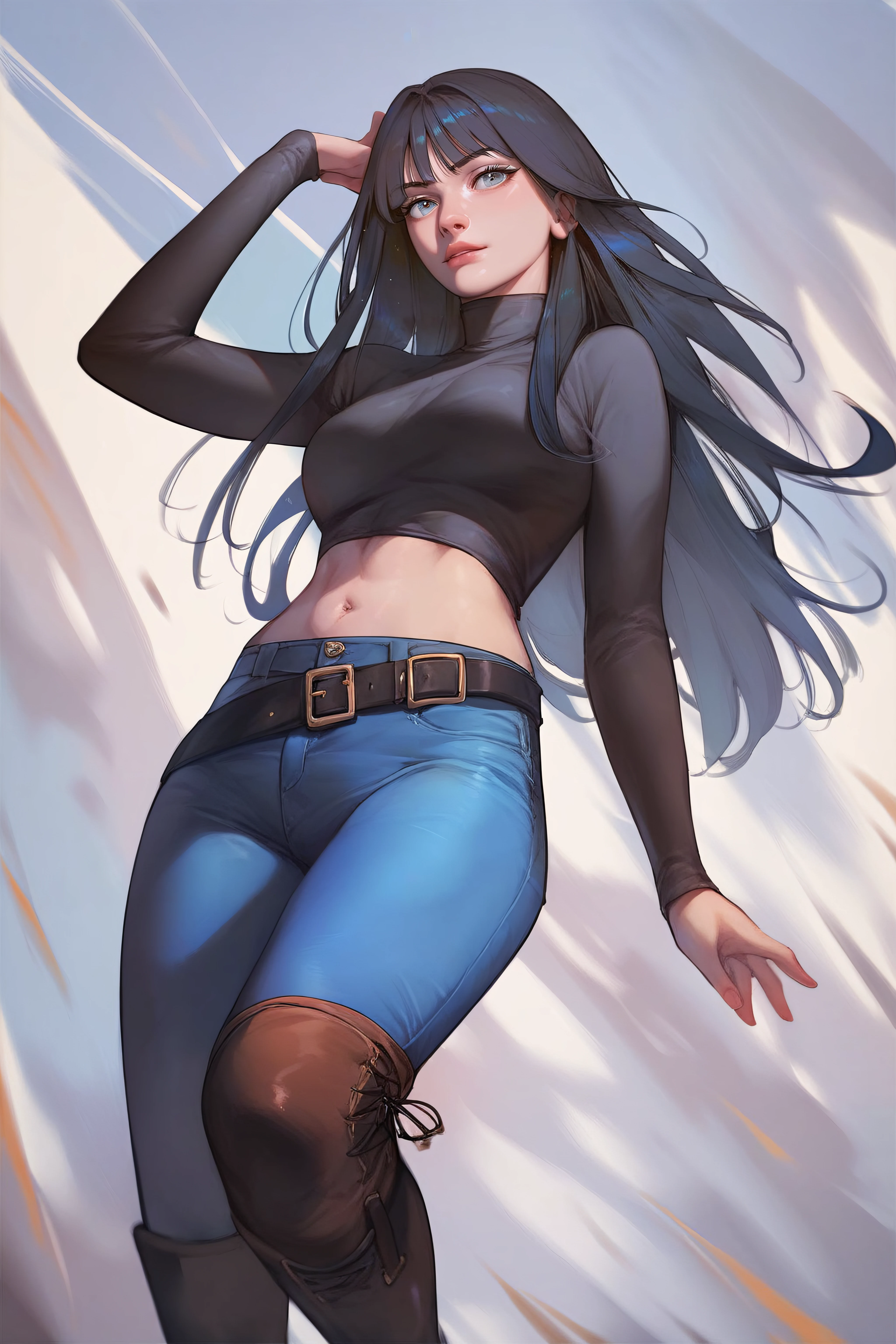 score_9, score_8_up, score_7_up, <lora:Kang Yuna-PonyXL-lora-faxtron:0.8> kang yuna, blueish-gray eyes, black hair, long hair, medium breasts, navel, belt, black turtleneck,  long sleeves, blue jeans, brown knee boots,