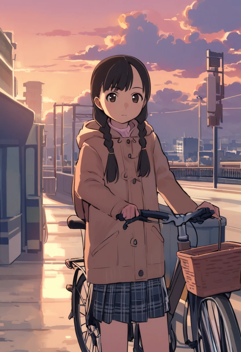 <lora:comiclo_a31:1>,1girl, solo, ground vehicle, bicycle, skirt, hood, sky, long hair, outdoors, cloud, bicycle basket, brown hair, hood down, twintails, braid, sunset, twin braids, hair over shoulder, long sleeves, hoodie, jacket, looking at viewer, coat, brown eyes, standing, city, pleated skirt, closed mouth, building, hooded jacket, motor vehicle, black hair, plaid skirt, plaid, scenery, bangs