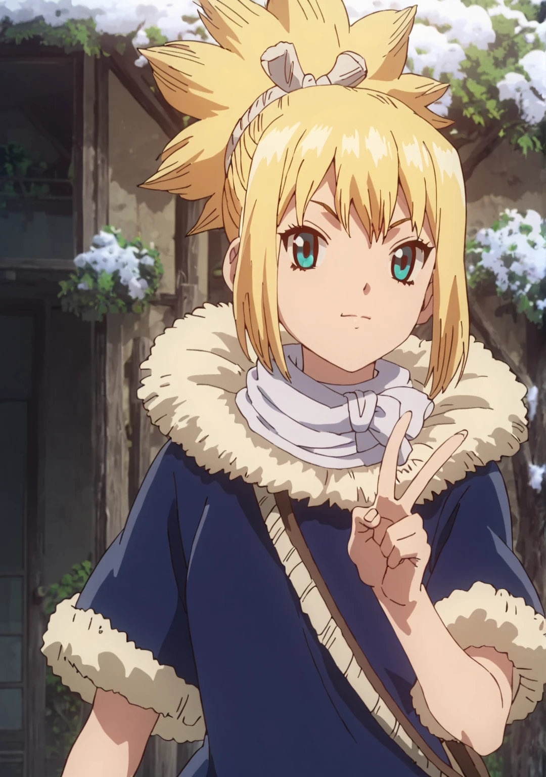 score_8_up, score_7_up, anime screenshot, 
<lora:Kohaku (Autism Mix XL):0.8> 1girl, kohaku \(dr. stone\), blonde hair, ponytail, choker, green blue eyes, winter clothes, (:3, v:1.4)