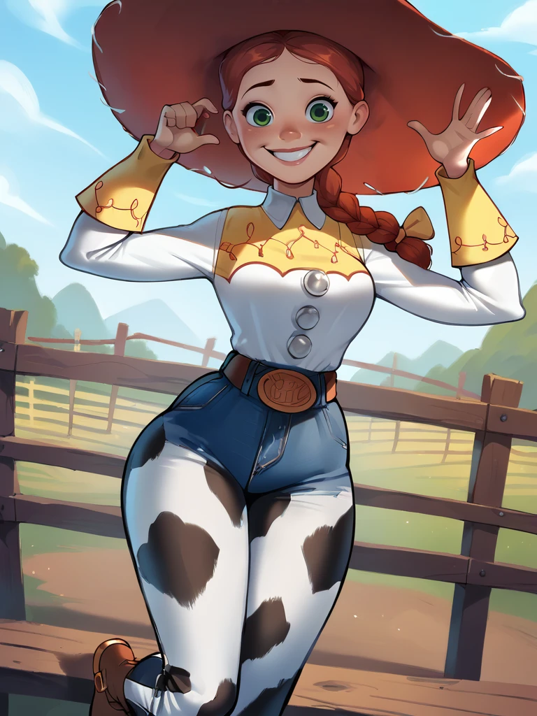 score_9, score_8_up, score_7_up, score_6_up, JessieXLP , cameltoe, nervous, hat, red hair, braid, bow, belt, animal print, cow print,jeans  pants, medium breasts, narrow waist, wide hips, thick thighs, looking at viewer, cartoon, cute, wide shot, solo, farm, disney,5 toes, red toe nails, tied ankles together, tied arms, Focus full body, Standing, with no shoes 
 blushyspicy,