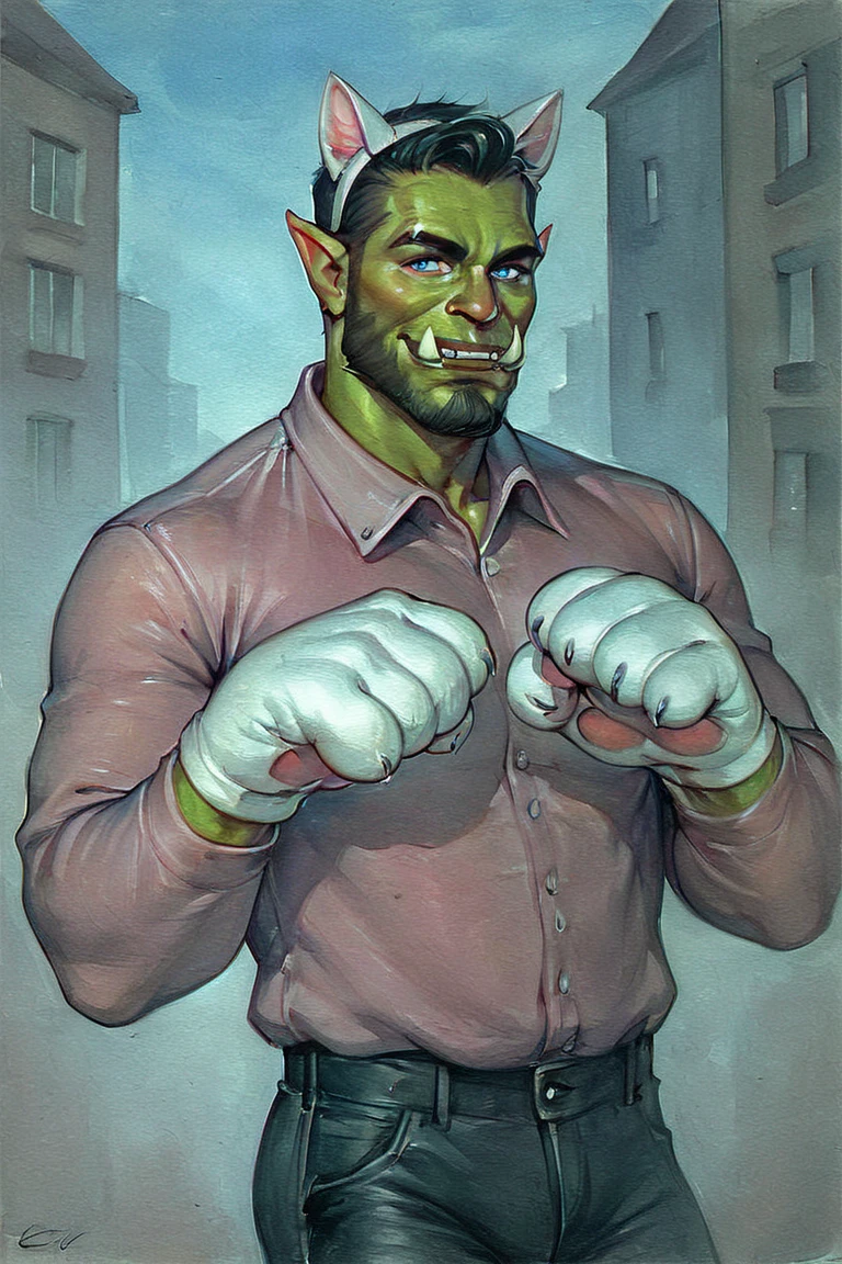 score_9, score_8_up, score_7_up, rating_safe, traditional media, realistic, orc, green skin, tusks, facial hair, beard, mustache, black hair, blue eyes, pink shirt, collared shirt, long sleeves, black pants, muscular, 1boy, solo, male focus, mature male, fake animal ears, animal ears, cat ears, white cat ears, paw gloves, white paw gloves, cat paws, paw pose, smile, looking at viewer, cowboy shot, standing, outdoors, city, building <lora:Turquoise Style LoRA_Pony XL v6 ALT:0.7>